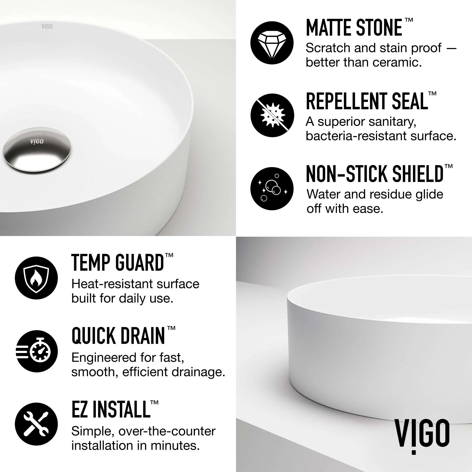 UltraThin™ Modern White Matte Stone™ 14 in. Round Vessel Bathroom Sink - Image 8