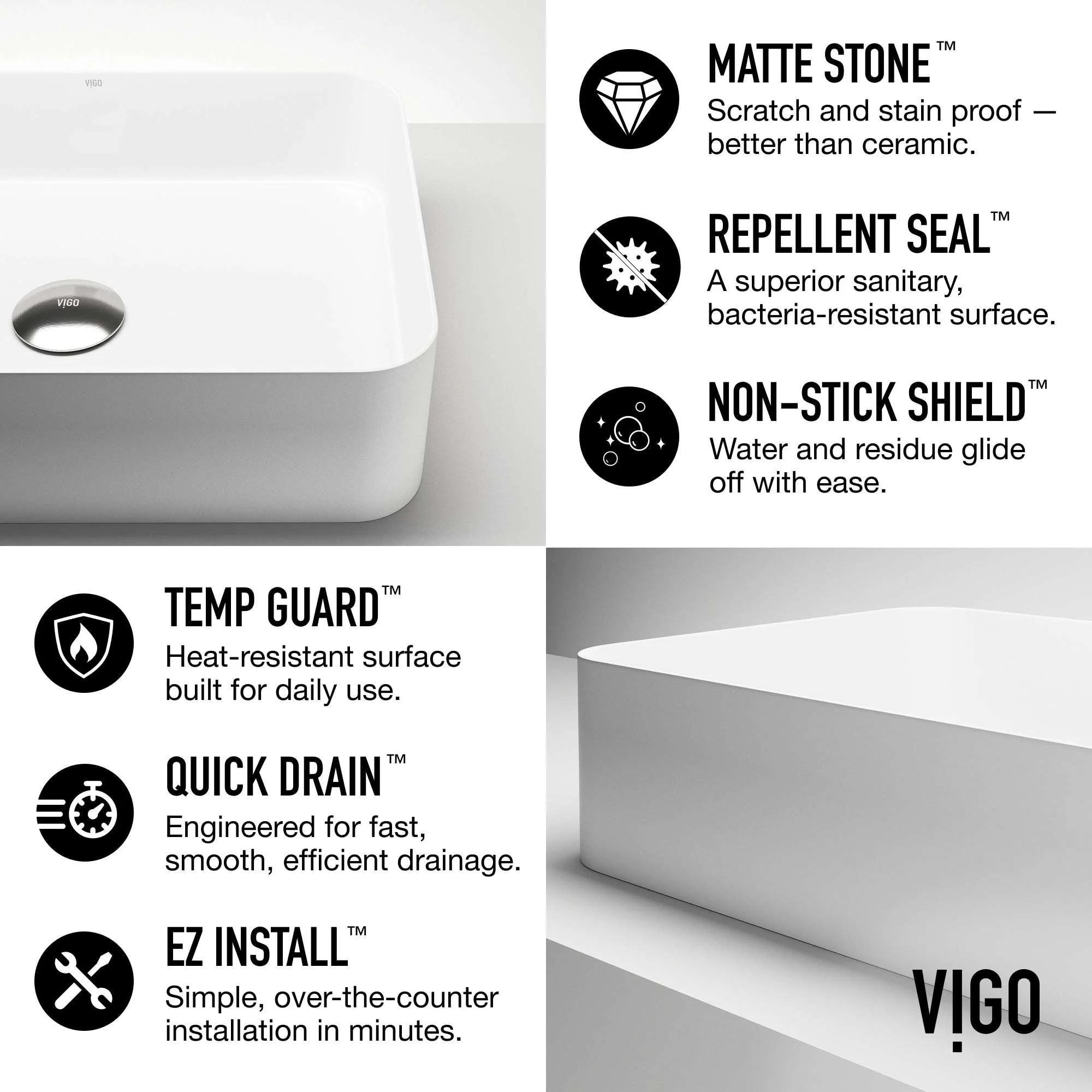 UltraThin™ Modern White Matte Stone™ 19 in. L x 14 in. W Rectangular Vessel Bathroom Sink - Image 8