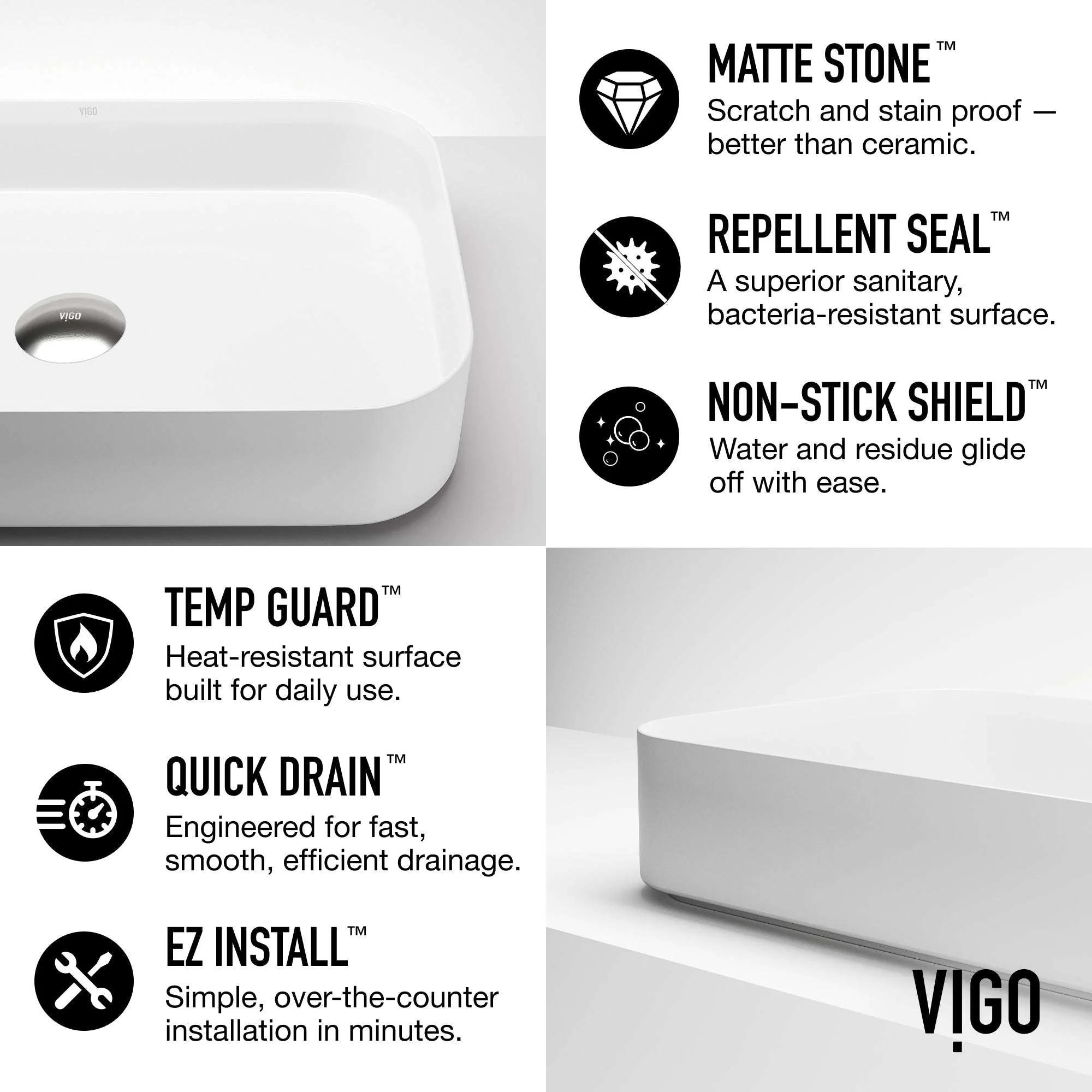 UltraThin™ Modern White Matte Stone™ 21 in. L x 14 in. W Rectangular Vessel Bathroom Sink - Image 8