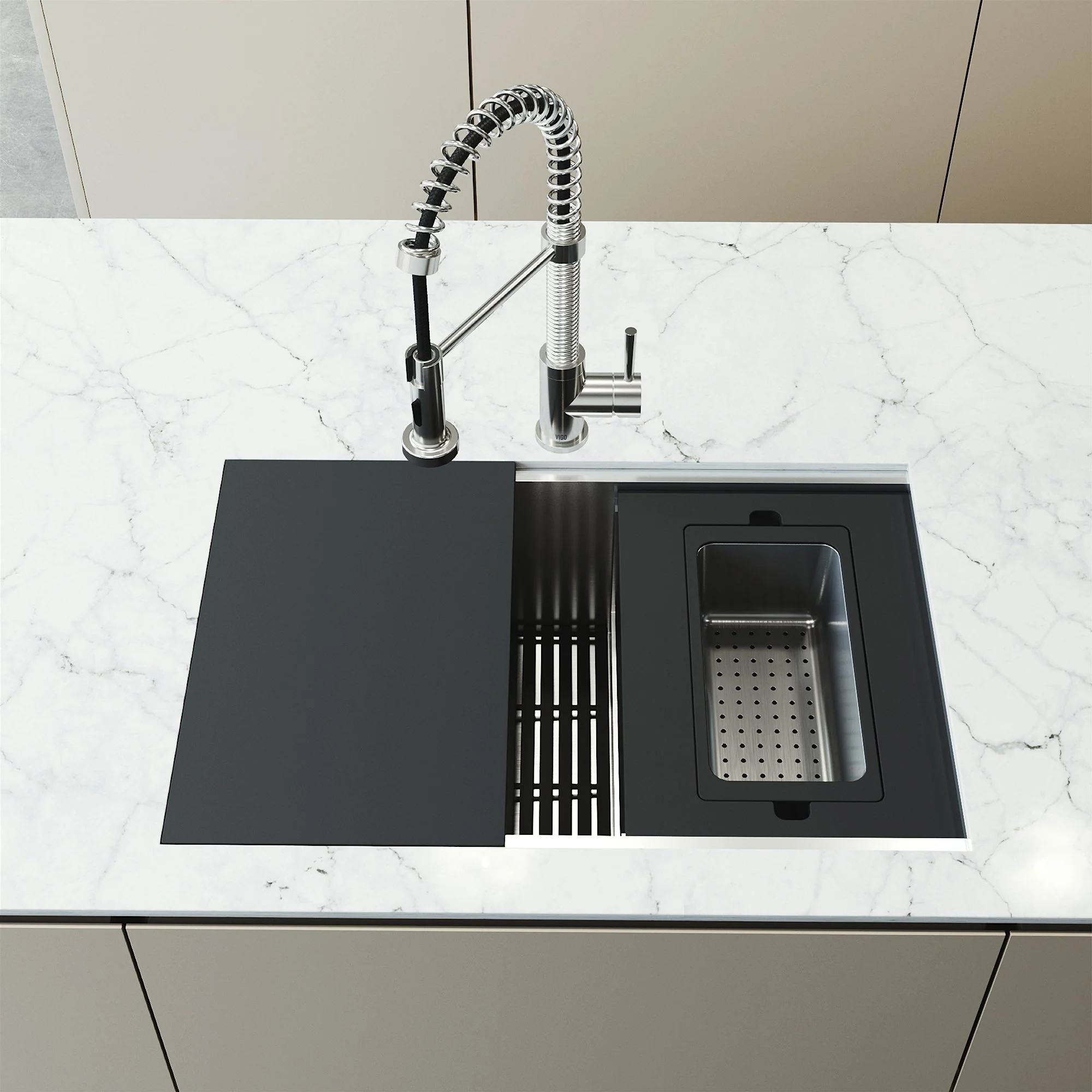 VIGO Hampton 32 in. Undermount Workstation Sink with Cutting Board, Colander Holder, Colander, Bottom Grids, Strainer, Drain Cover - Image 12