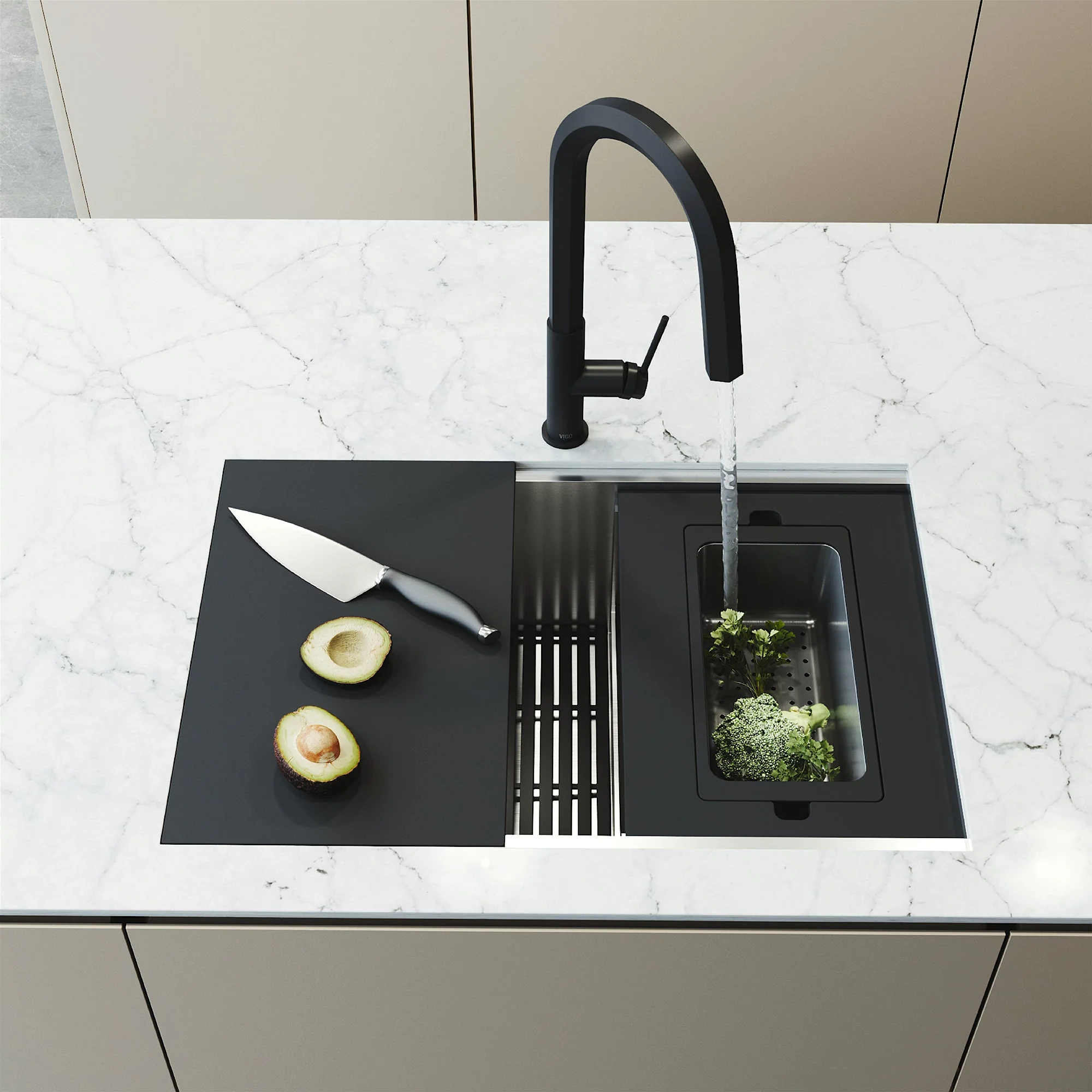 VIGO Hampton 32 in. Undermount Workstation Sink with Cutting Board, Colander Holder, Colander, Bottom Grids, Strainer, Drain Cover - Image 15