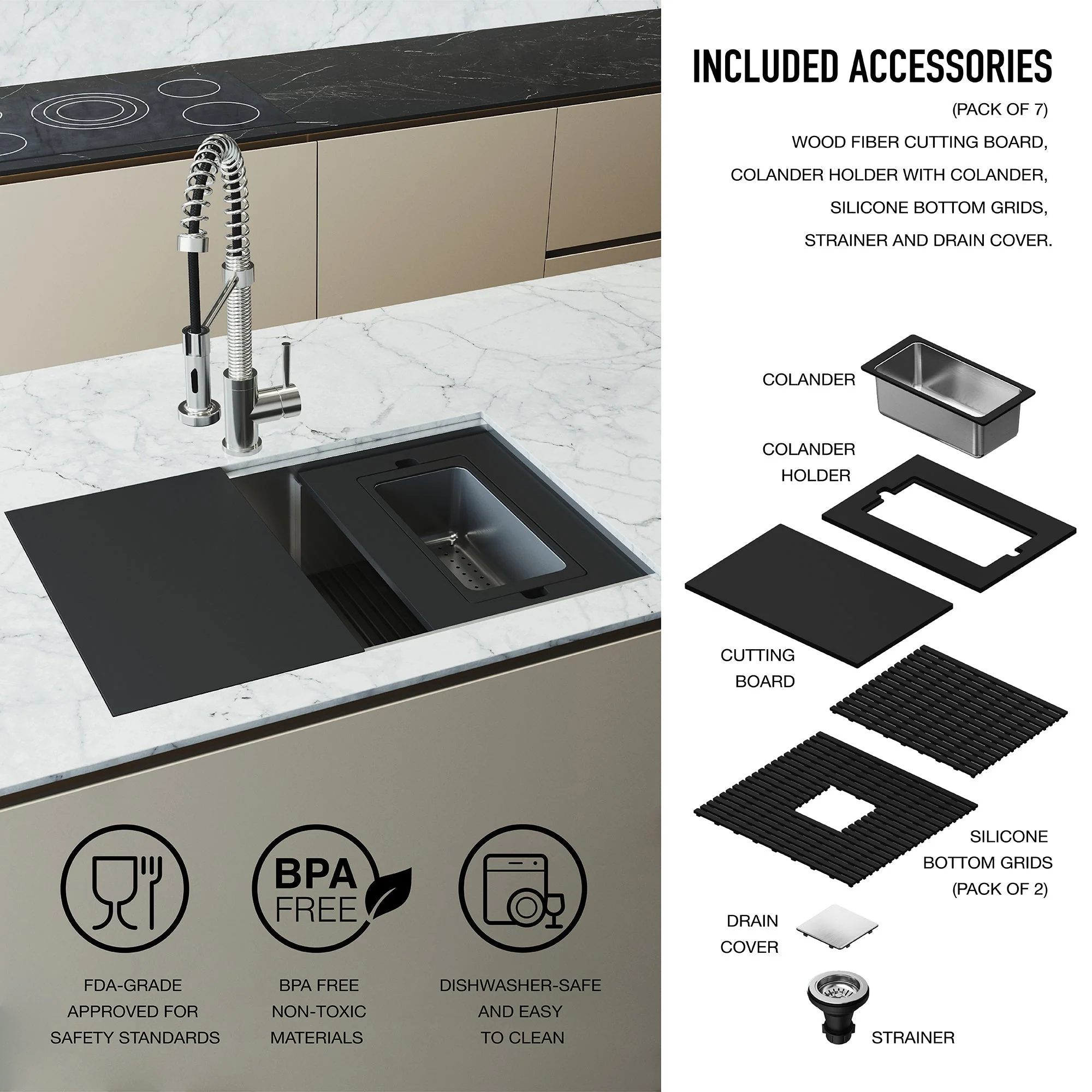 VIGO Hampton 32 in. Undermount Workstation Sink with Cutting Board, Colander Holder, Colander, Bottom Grids, Strainer, Drain Cover - Image 17