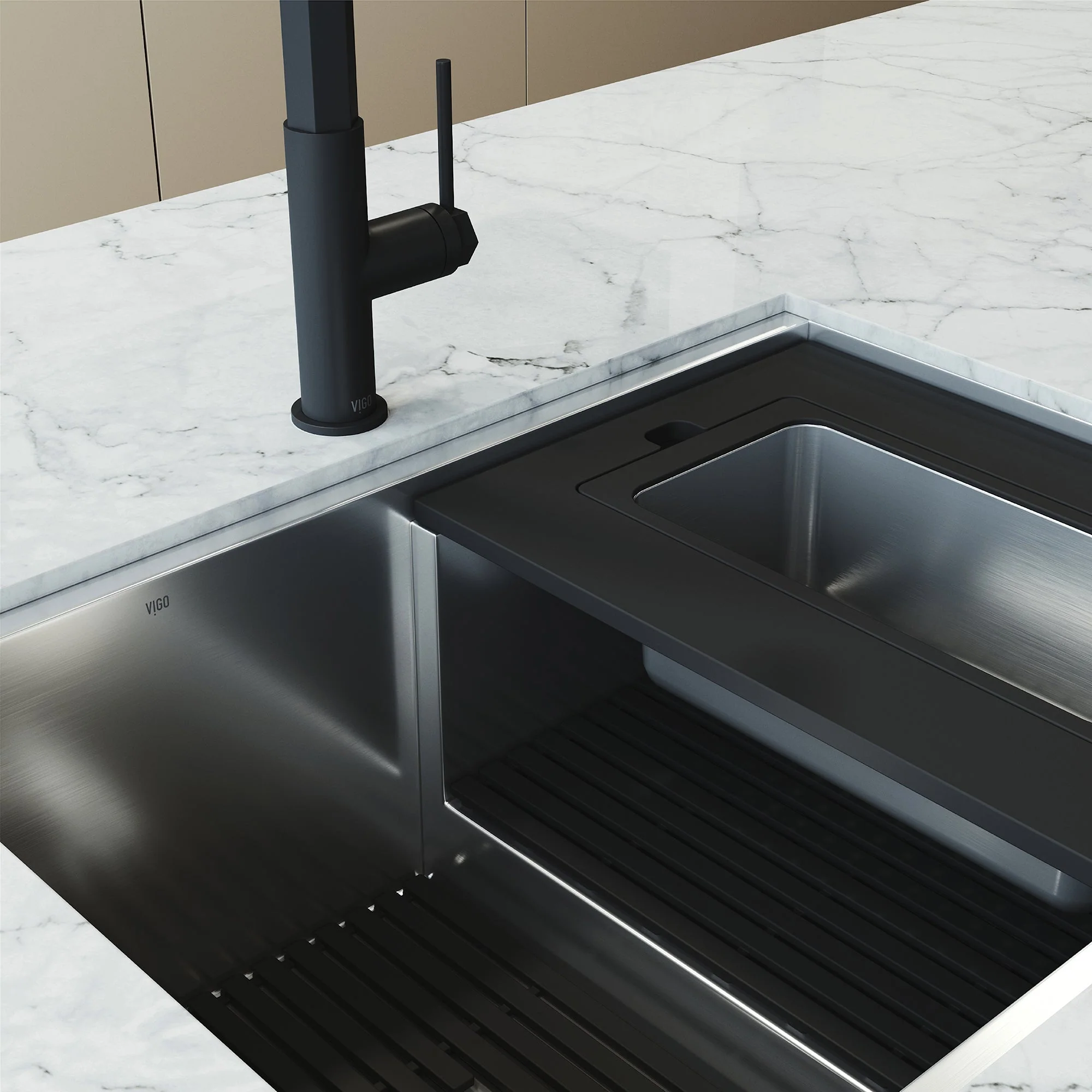 VIGO Hampton 32 in. Undermount Workstation Sink with Cutting Board, Colander Holder, Colander, Bottom Grids, Strainer, Drain Cover - Image 22