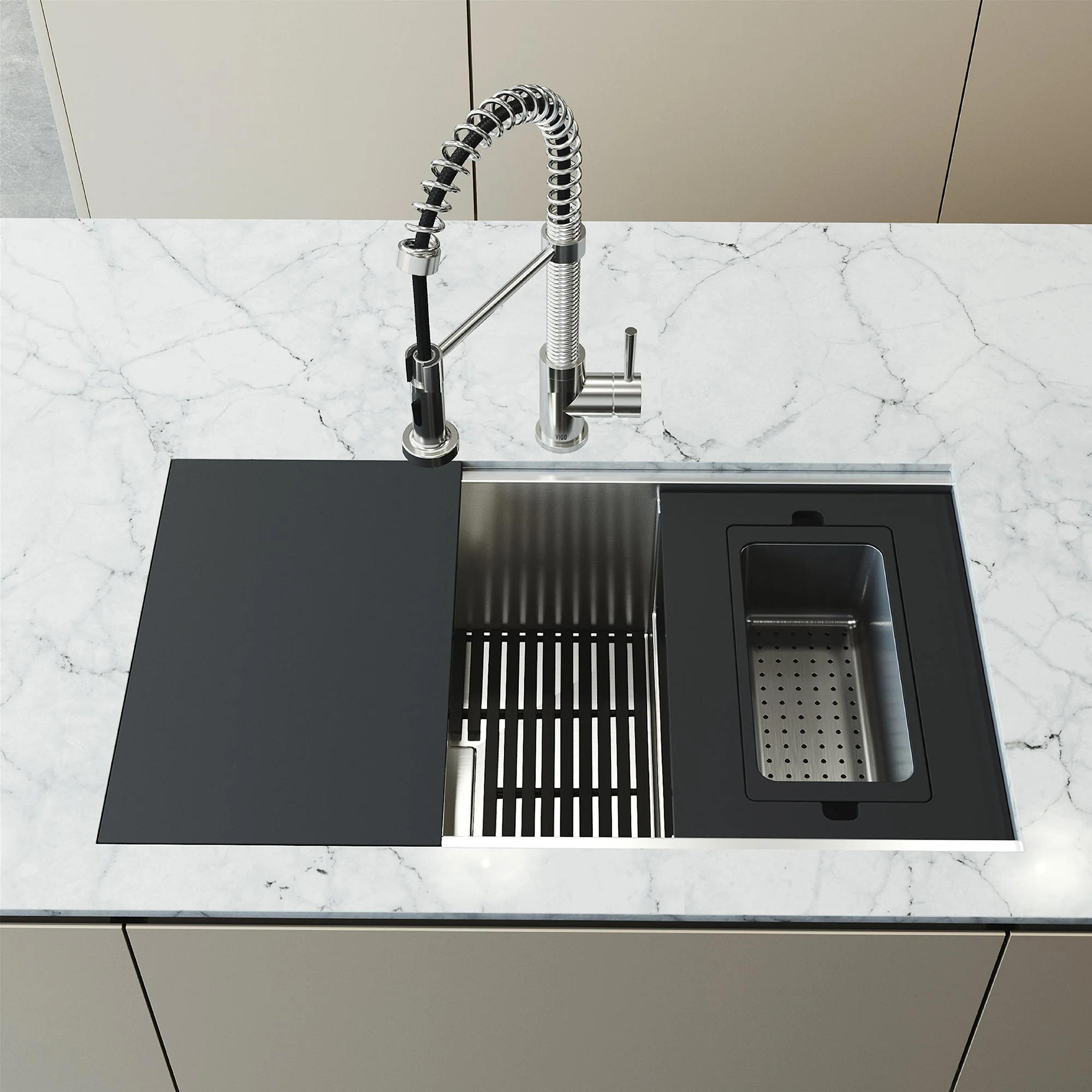 VIGO Hampton 32 in. Undermount Workstation Sink with Cutting Board, Colander Holder, Colander, Bottom Grids, Strainer, Drain Cover - Image 23