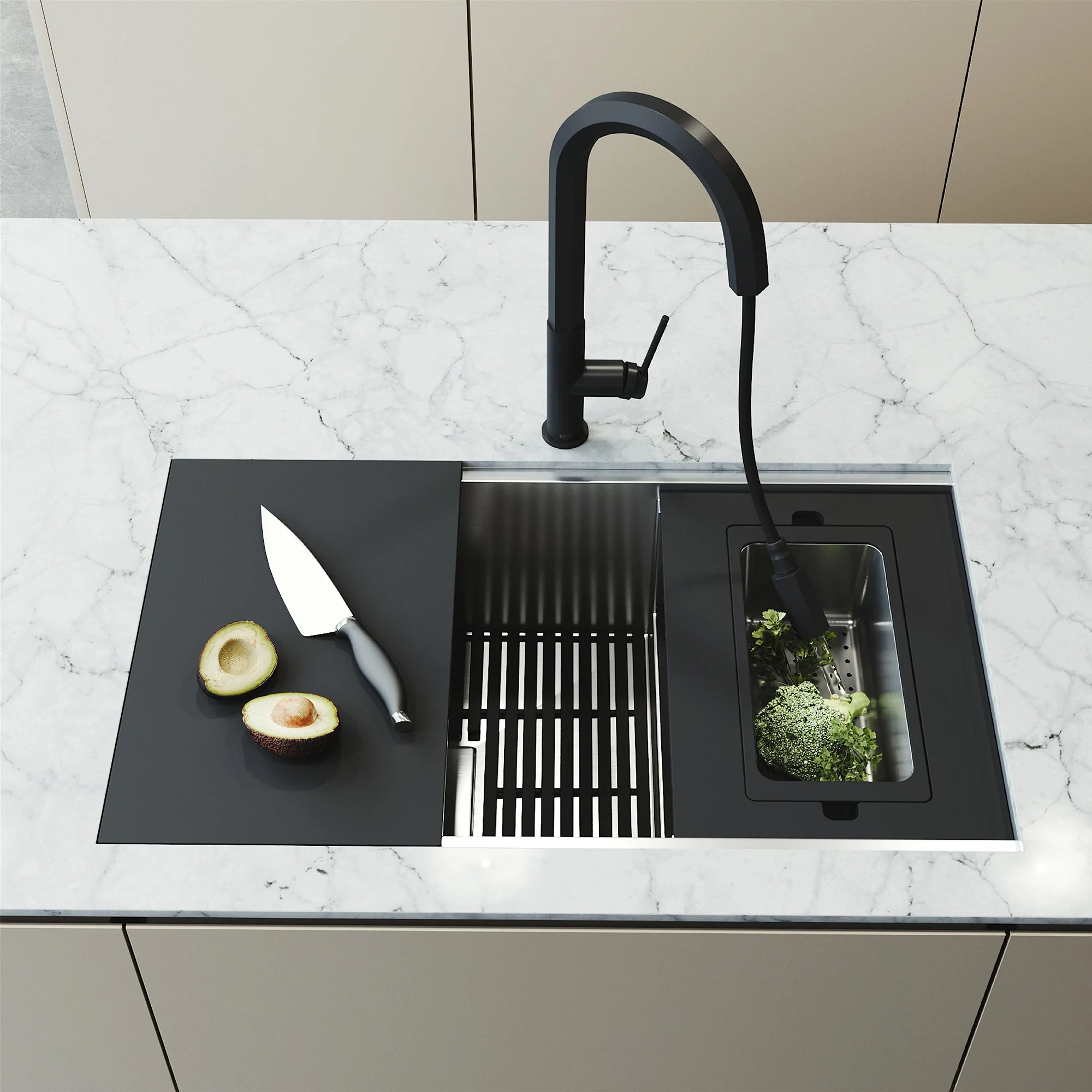 VIGO Hampton 32 in. Undermount Workstation Sink with Cutting Board, Colander Holder, Colander, Bottom Grids, Strainer, Drain Cover - Image 26