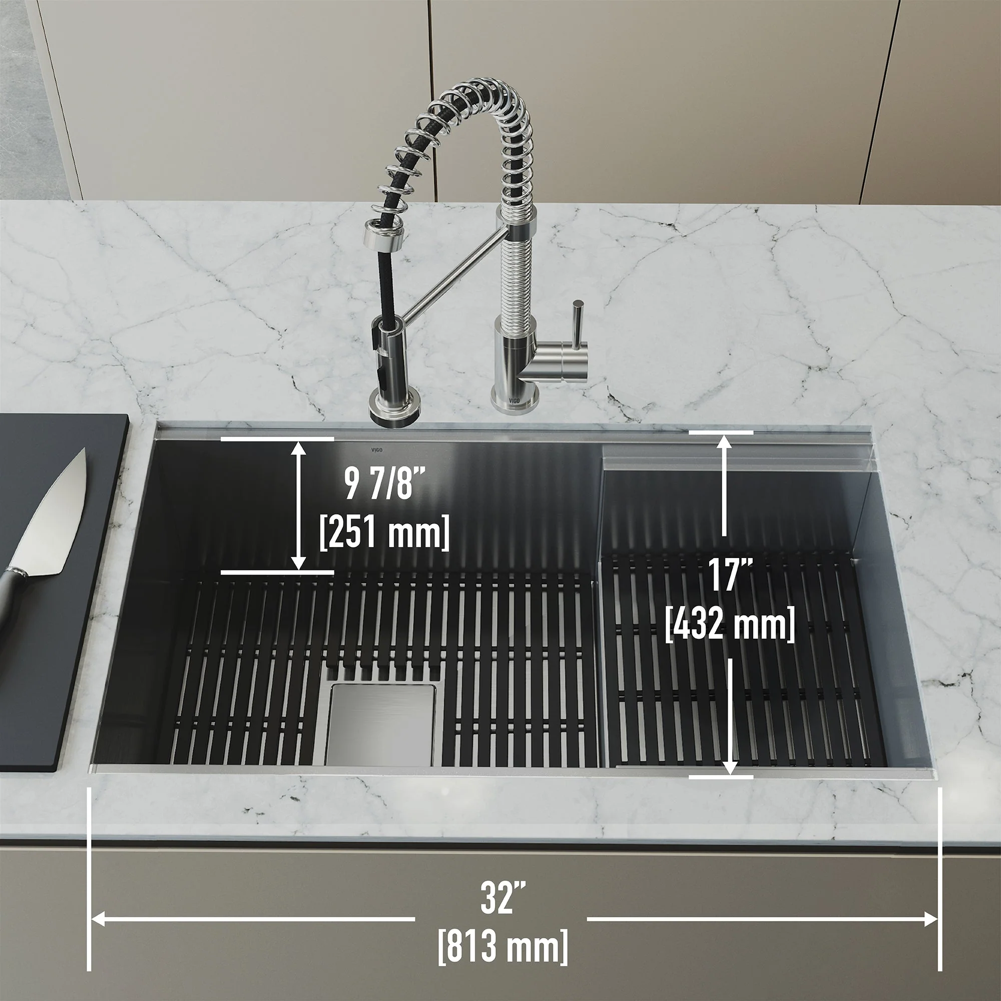 VIGO Hampton 32 in. Undermount Workstation Sink with Cutting Board, Colander Holder, Colander, Bottom Grids, Strainer, Drain Cover - Image 27