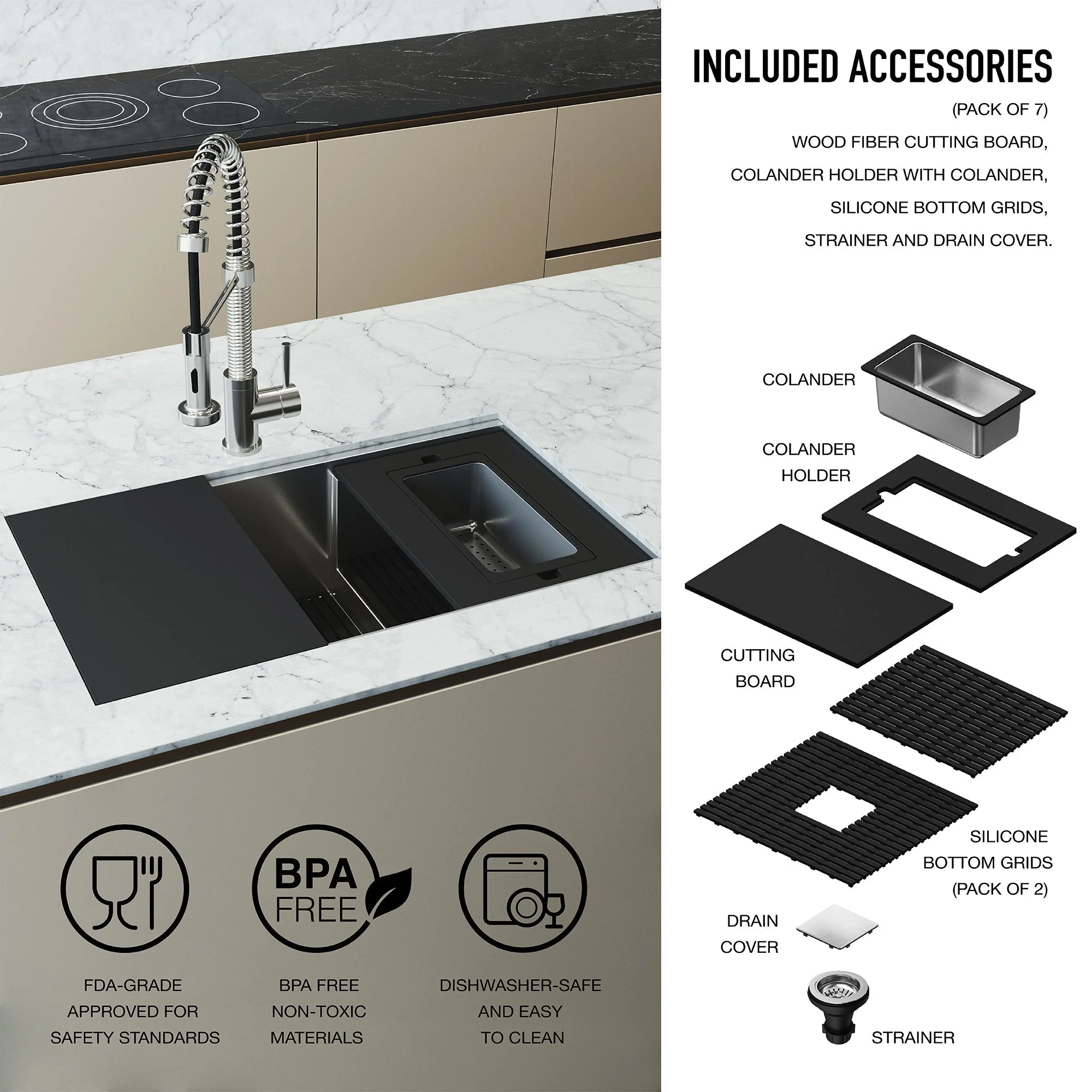 VIGO Hampton 32 in. Undermount Workstation Sink with Cutting Board, Colander Holder, Colander, Bottom Grids, Strainer, Drain Cover - Image 28