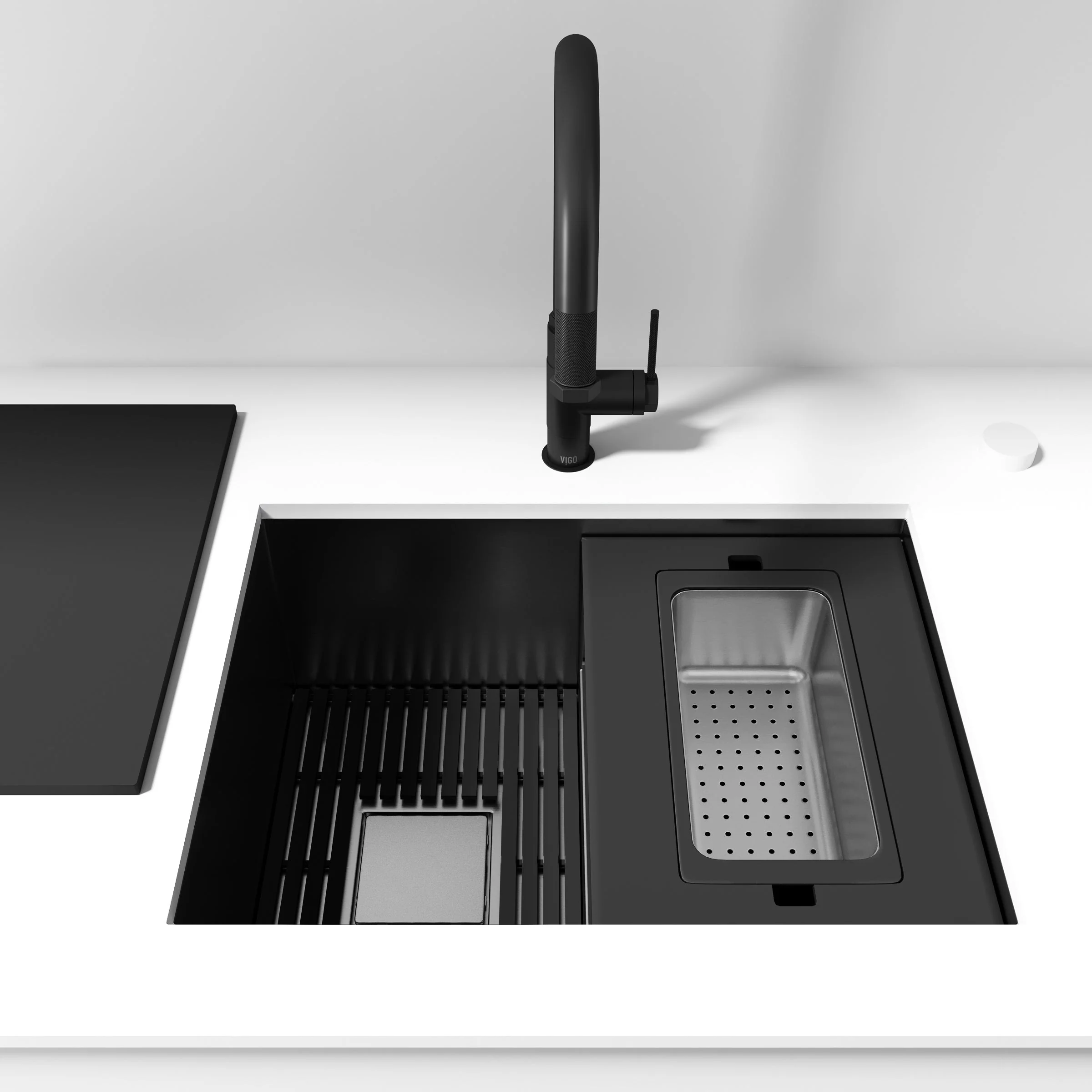 VIGO Hampton 32 in. Undermount Workstation Sink with Cutting Board, Colander Holder, Colander, Bottom Grids, Strainer, Drain Cover - Image 35