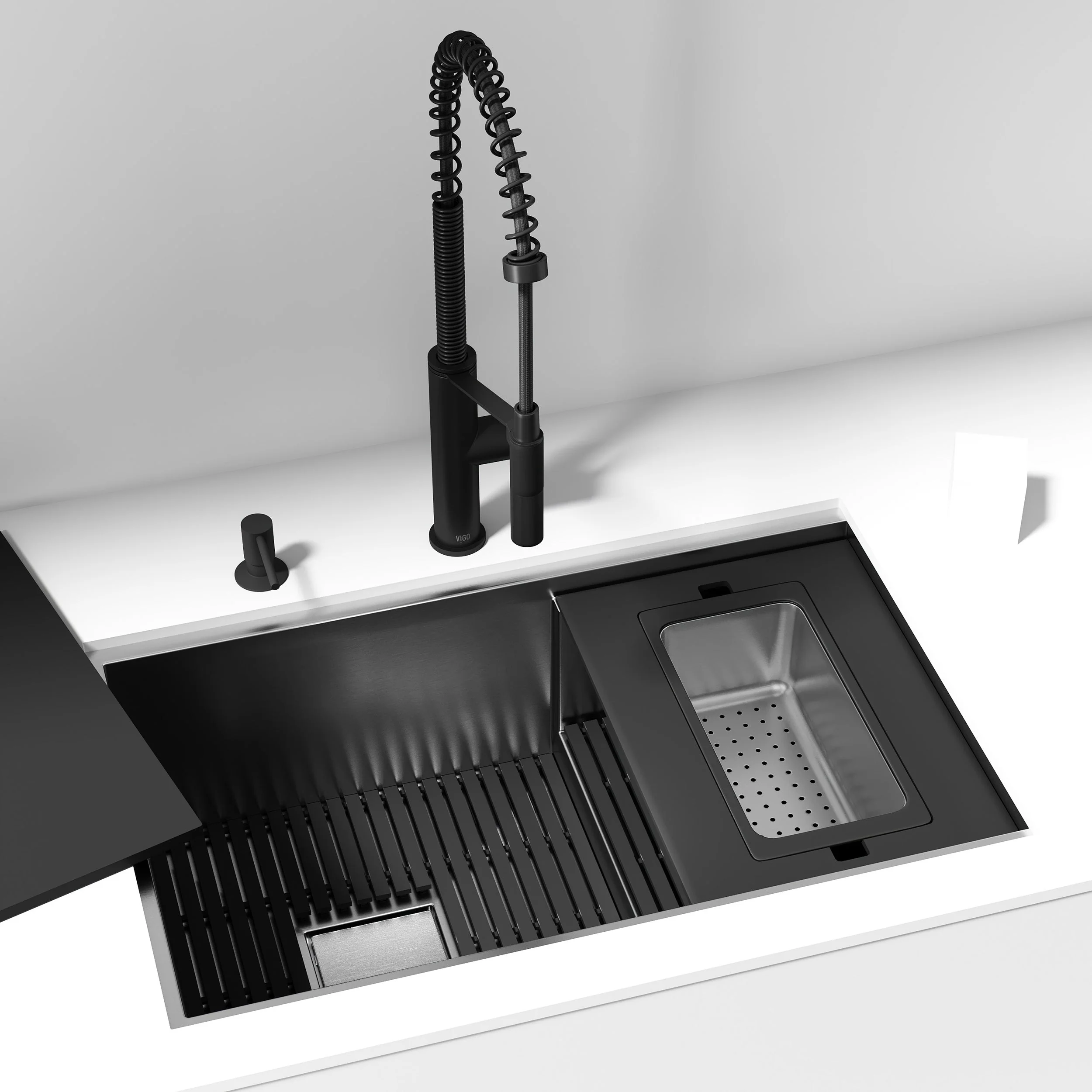 VIGO Hampton 32 in. Undermount Workstation Sink with Cutting Board, Colander Holder, Colander, Bottom Grids, Strainer, Drain Cover - Image 36