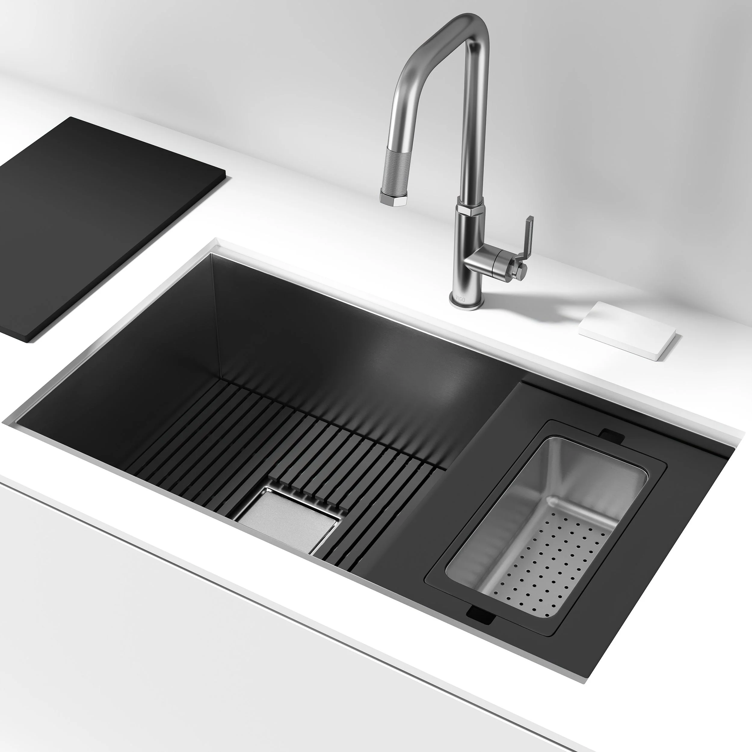 VIGO Hampton 32 in. Undermount Workstation Sink with Cutting Board, Colander Holder, Colander, Bottom Grids, Strainer, Drain Cover - Image 37