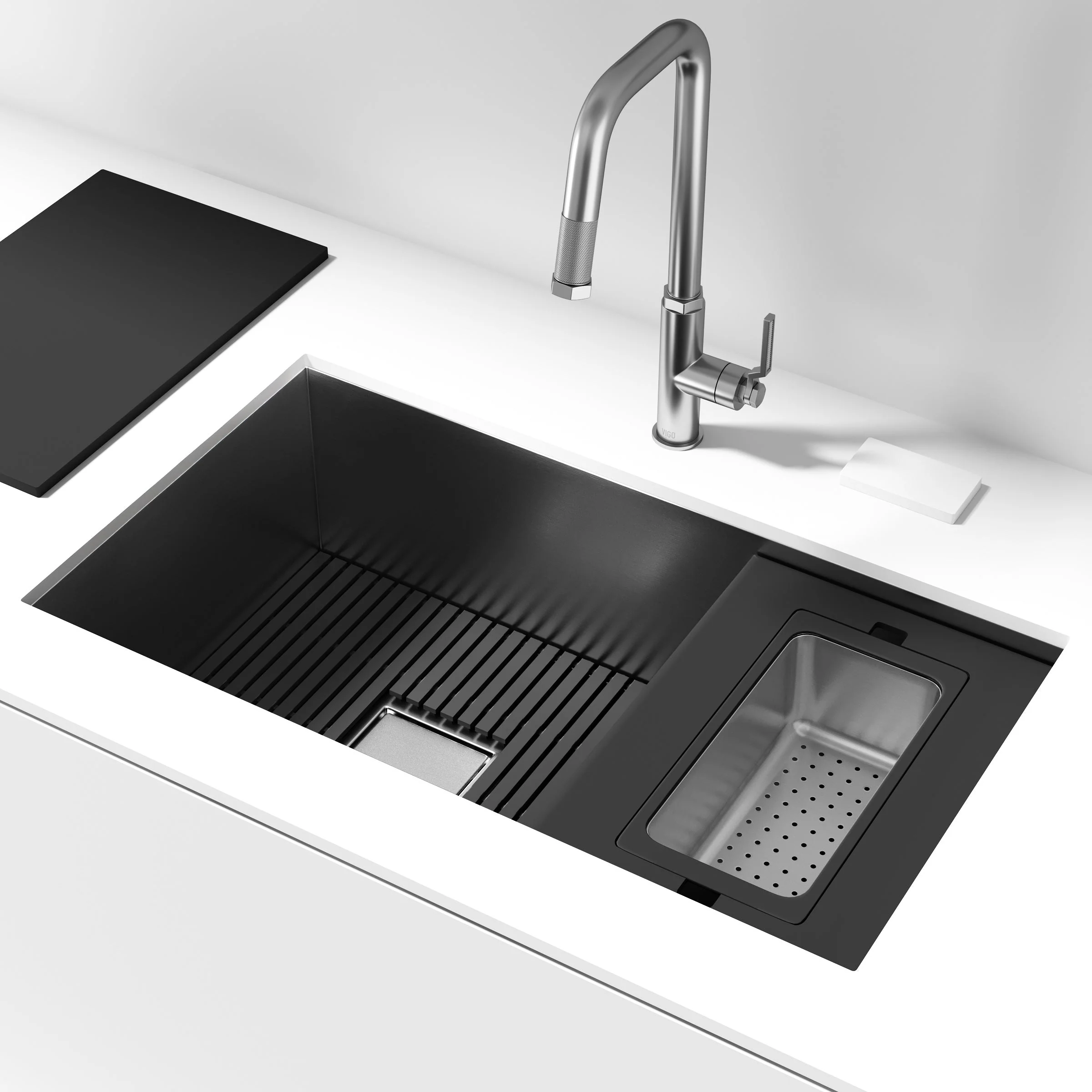 VIGO Hampton 32 in. Undermount Workstation Sink with Cutting Board, Colander Holder, Colander, Bottom Grids, Strainer, Drain Cover - Image 39