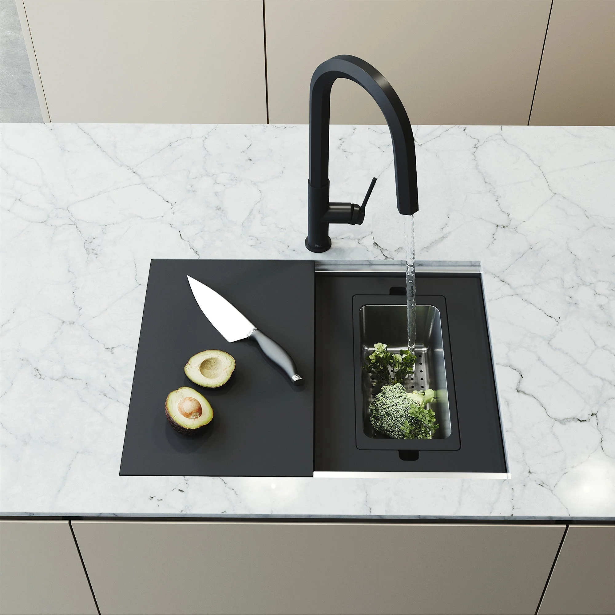 VIGO Hampton 32 in. Undermount Workstation Sink with Cutting Board, Colander Holder, Colander, Bottom Grids, Strainer, Drain Cover - Image 4