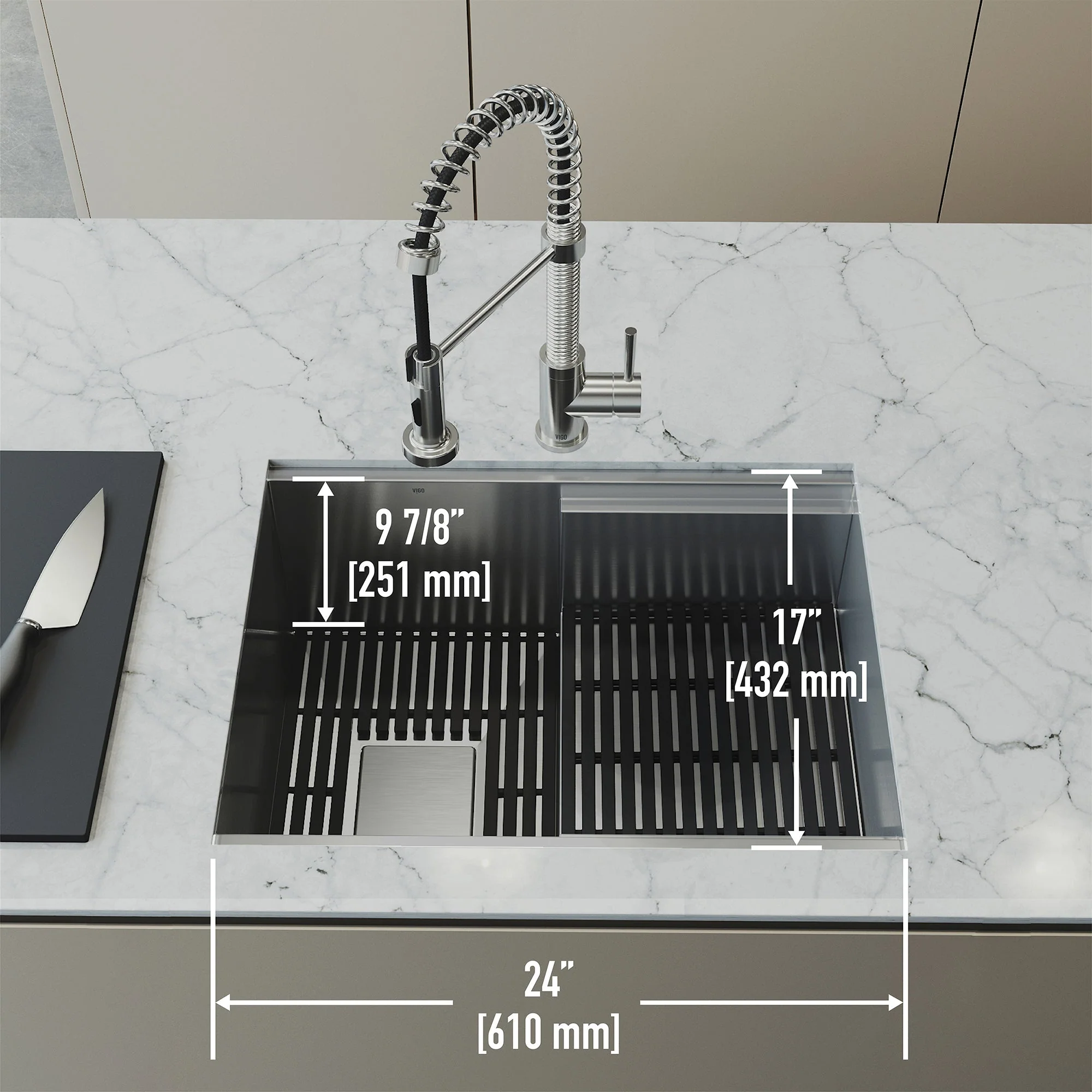 VIGO Hampton 32 in. Undermount Workstation Sink with Cutting Board, Colander Holder, Colander, Bottom Grids, Strainer, Drain Cover - Image 5