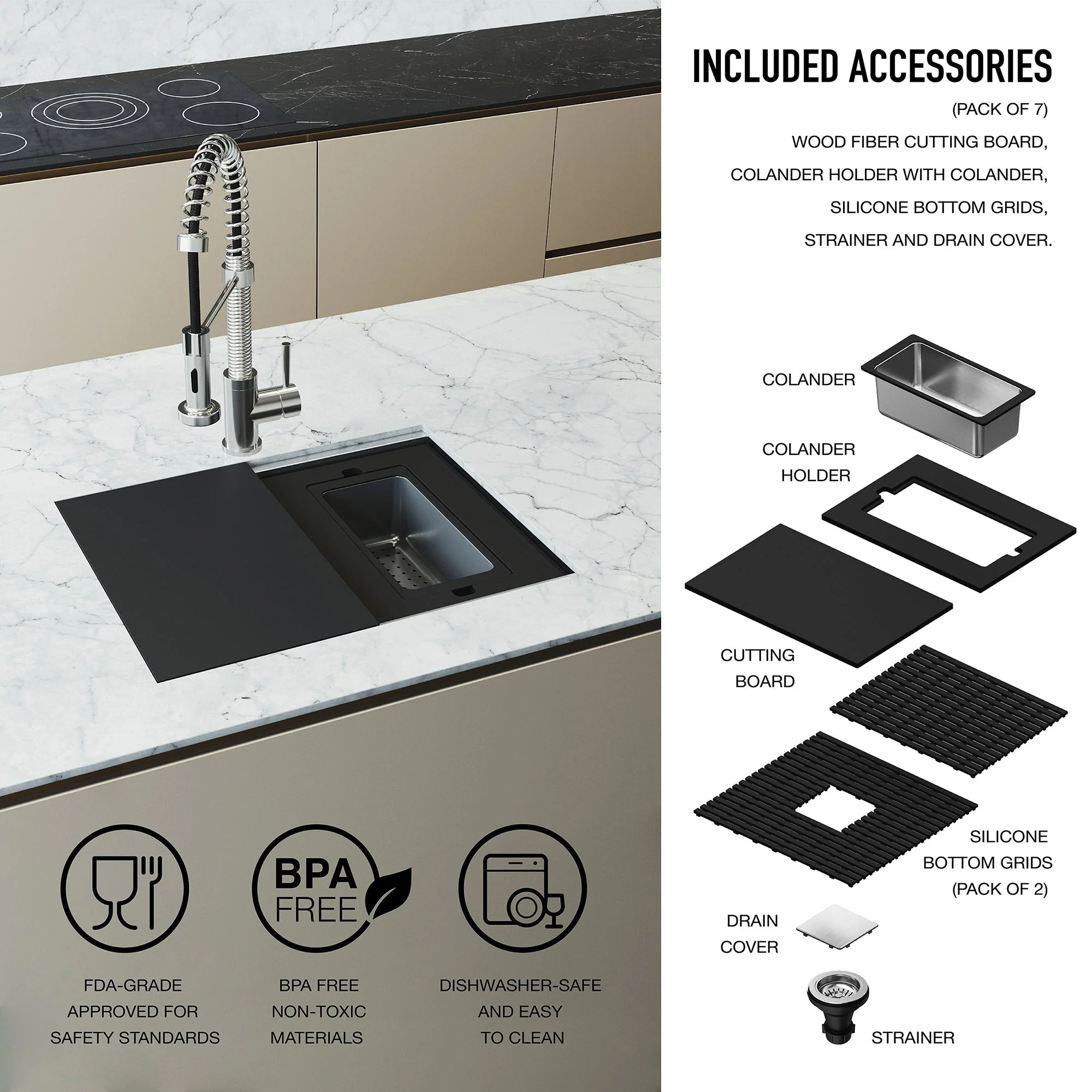 VIGO Hampton 32 in. Undermount Workstation Sink with Cutting Board, Colander Holder, Colander, Bottom Grids, Strainer, Drain Cover - Image 6