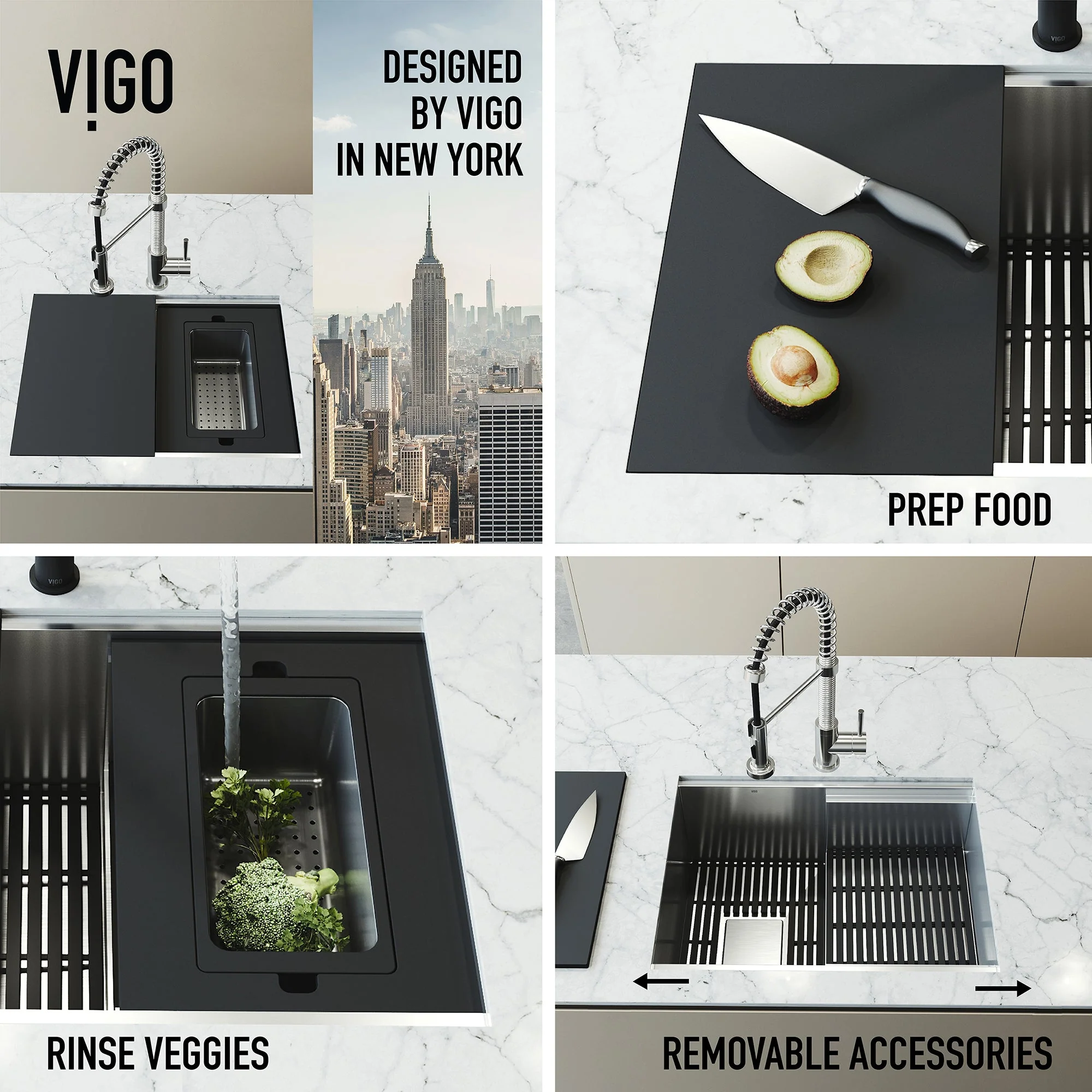 VIGO Hampton 32 in. Undermount Workstation Sink with Cutting Board, Colander Holder, Colander, Bottom Grids, Strainer, Drain Cover - Image 8