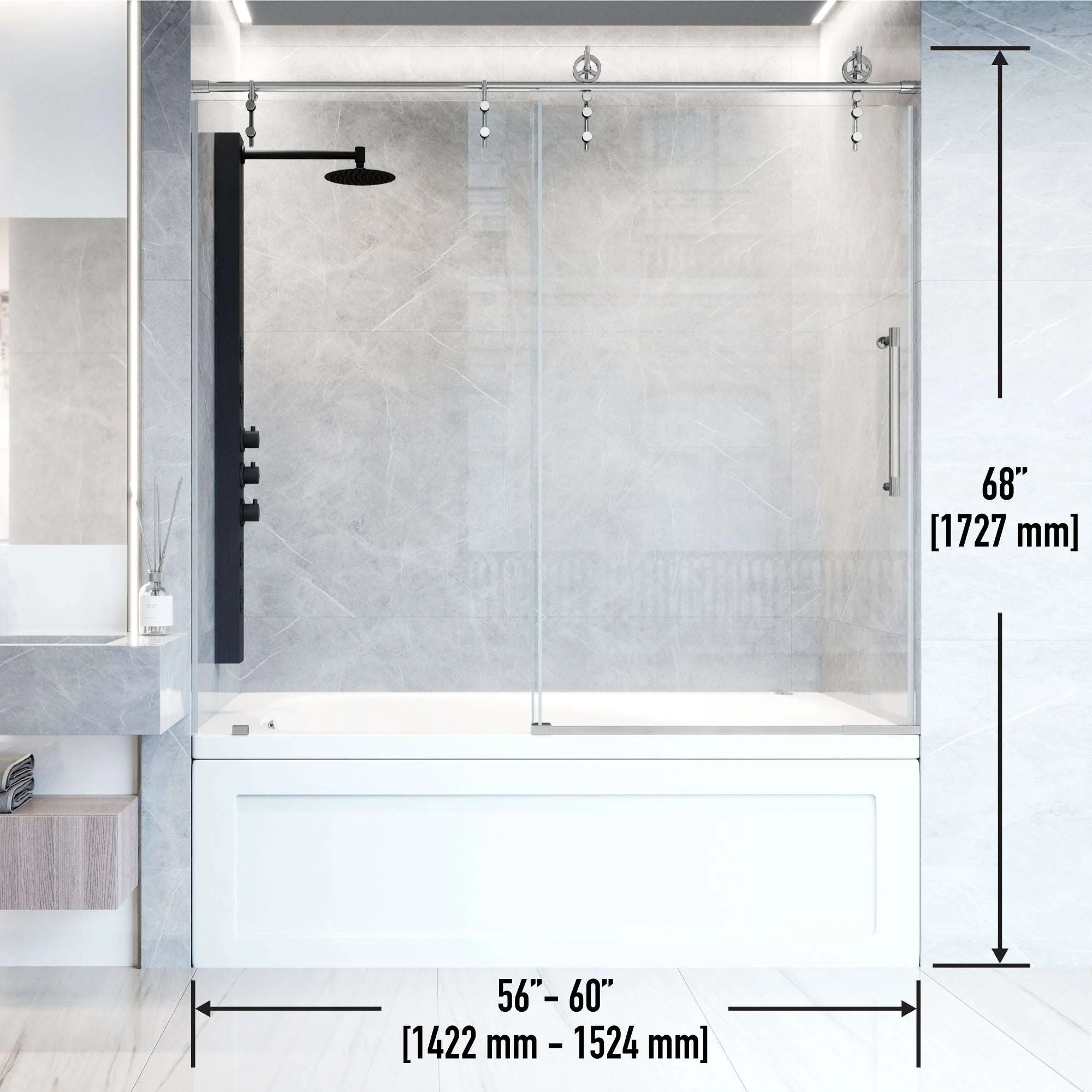 Hamilton Aerodynamic Frameless Sliding Bath Tub Door 56-60 in. Wide and 68 in. High – Matte Brushed Gold with Clear Tempered Glass - Image 10