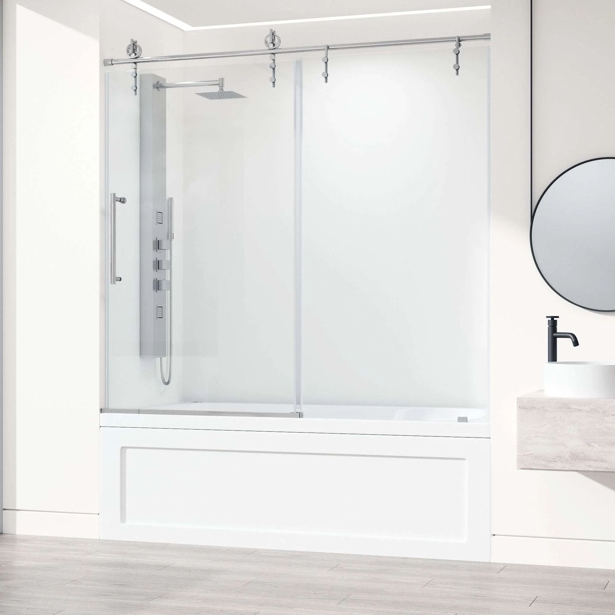 Hamilton Aerodynamic Frameless Sliding Bath Tub Door 56-60 in. Wide and 68 in. High – Matte Brushed Gold with Clear Tempered Glass - Image 12
