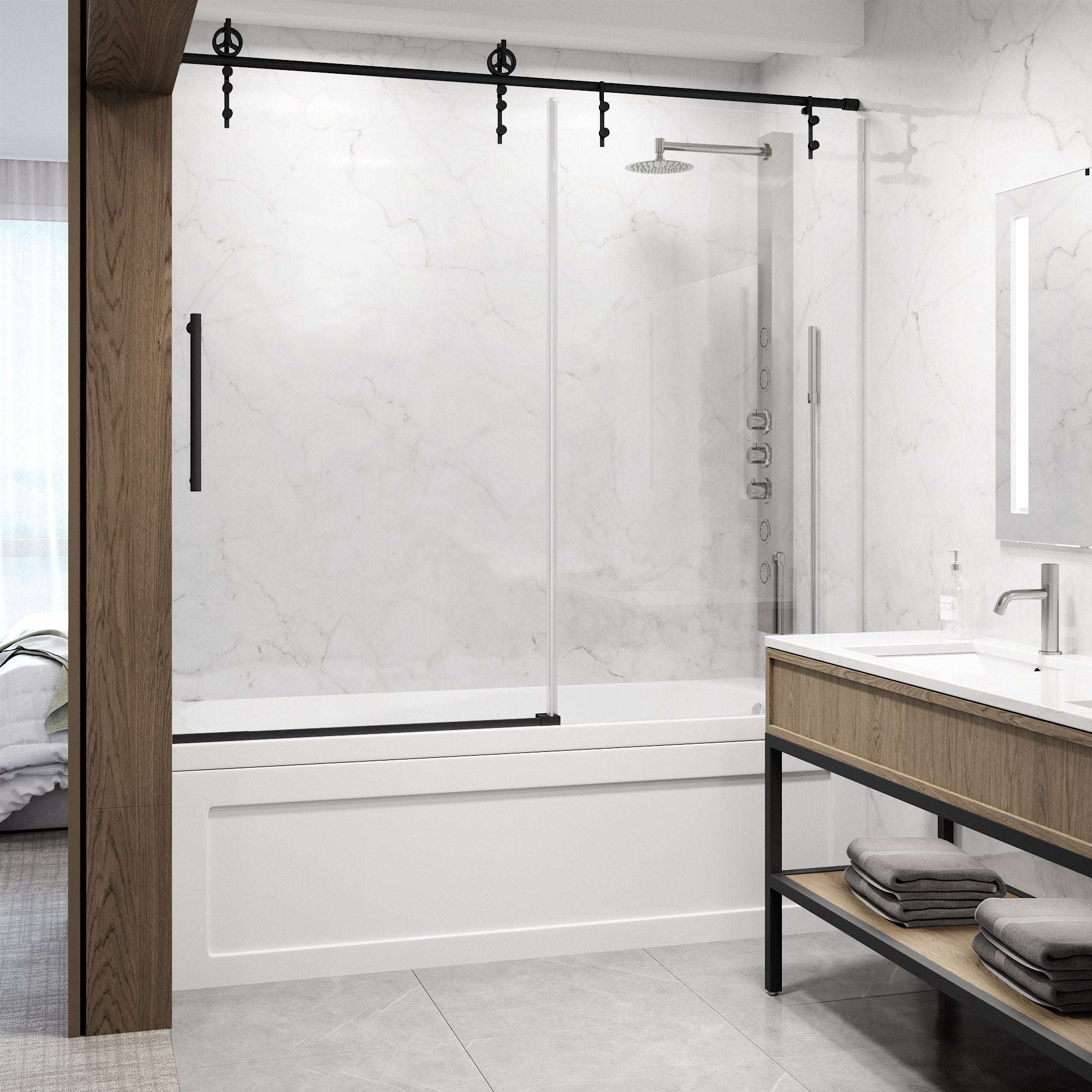 Hamilton Aerodynamic Frameless Sliding Bath Tub Door 56-60 in. Wide and 68 in. High – Matte Brushed Gold with Clear Tempered Glass - Image 17