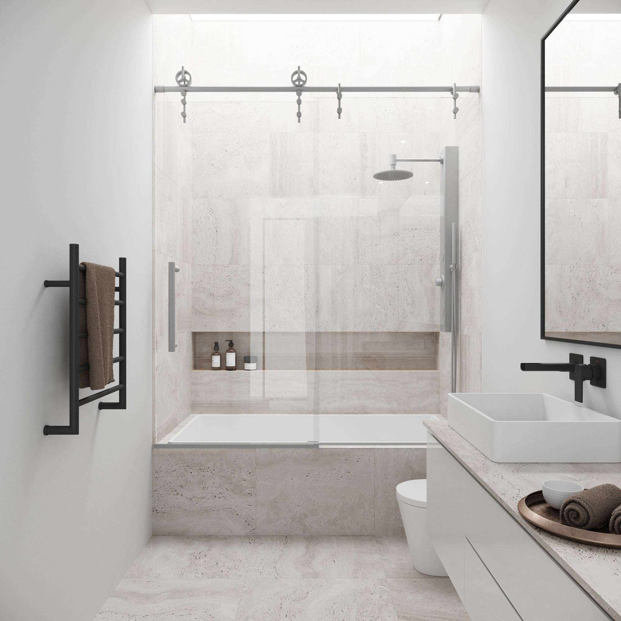 Hamilton Aerodynamic Frameless Sliding Bath Tub Door 56-60 in. Wide and 68 in. High – Matte Brushed Gold with Clear Tempered Glass - Image 2