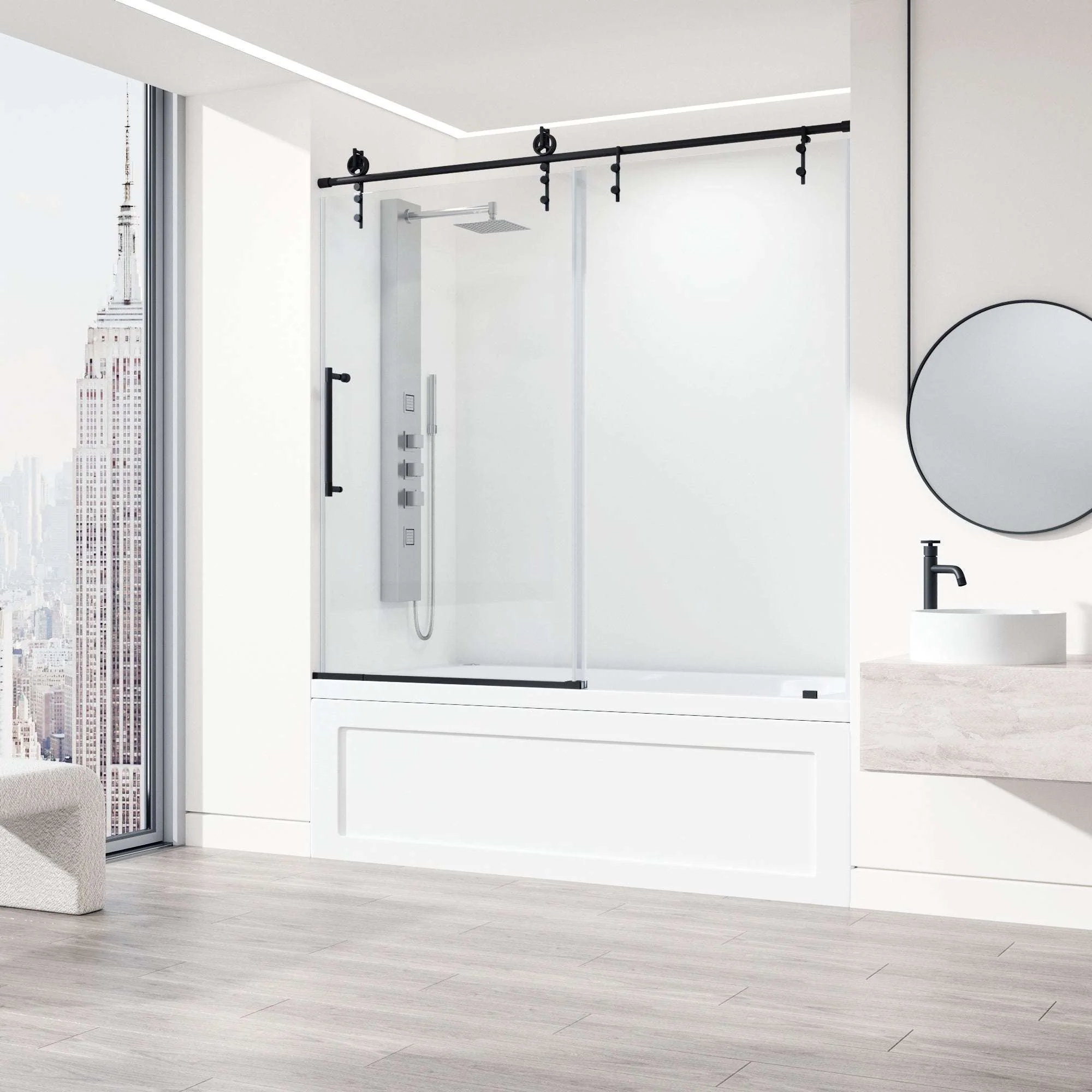 Hamilton Aerodynamic Frameless Sliding Bath Tub Door 56-60 in. Wide and 68 in. High – Matte Brushed Gold with Clear Tempered Glass - Image 20