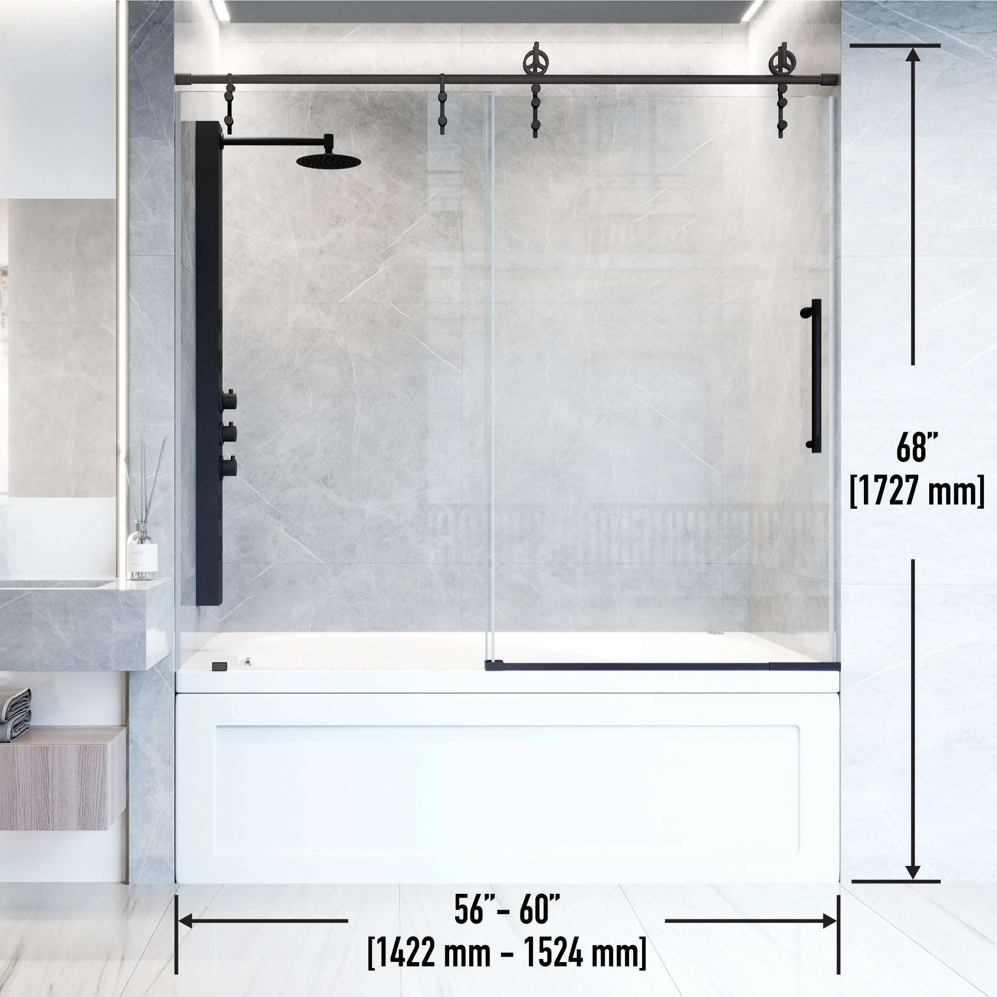 Hamilton Aerodynamic Frameless Sliding Bath Tub Door 56-60 in. Wide and 68 in. High – Matte Brushed Gold with Clear Tempered Glass - Image 21