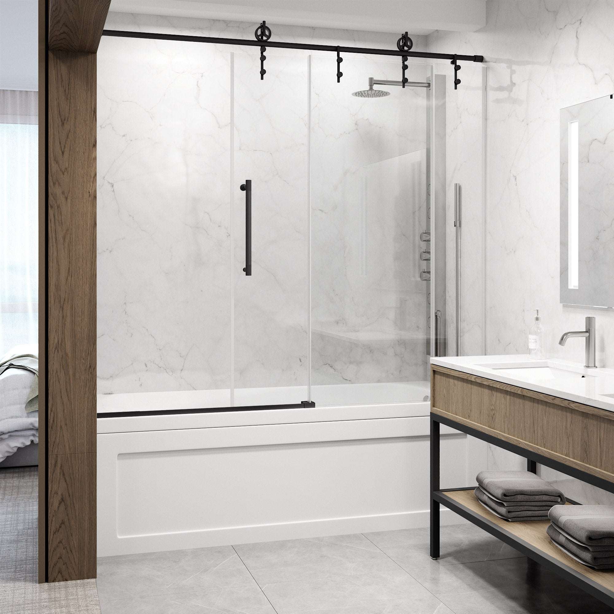 Hamilton Aerodynamic Frameless Sliding Bath Tub Door 56-60 in. Wide and 68 in. High – Matte Brushed Gold with Clear Tempered Glass - Image 24