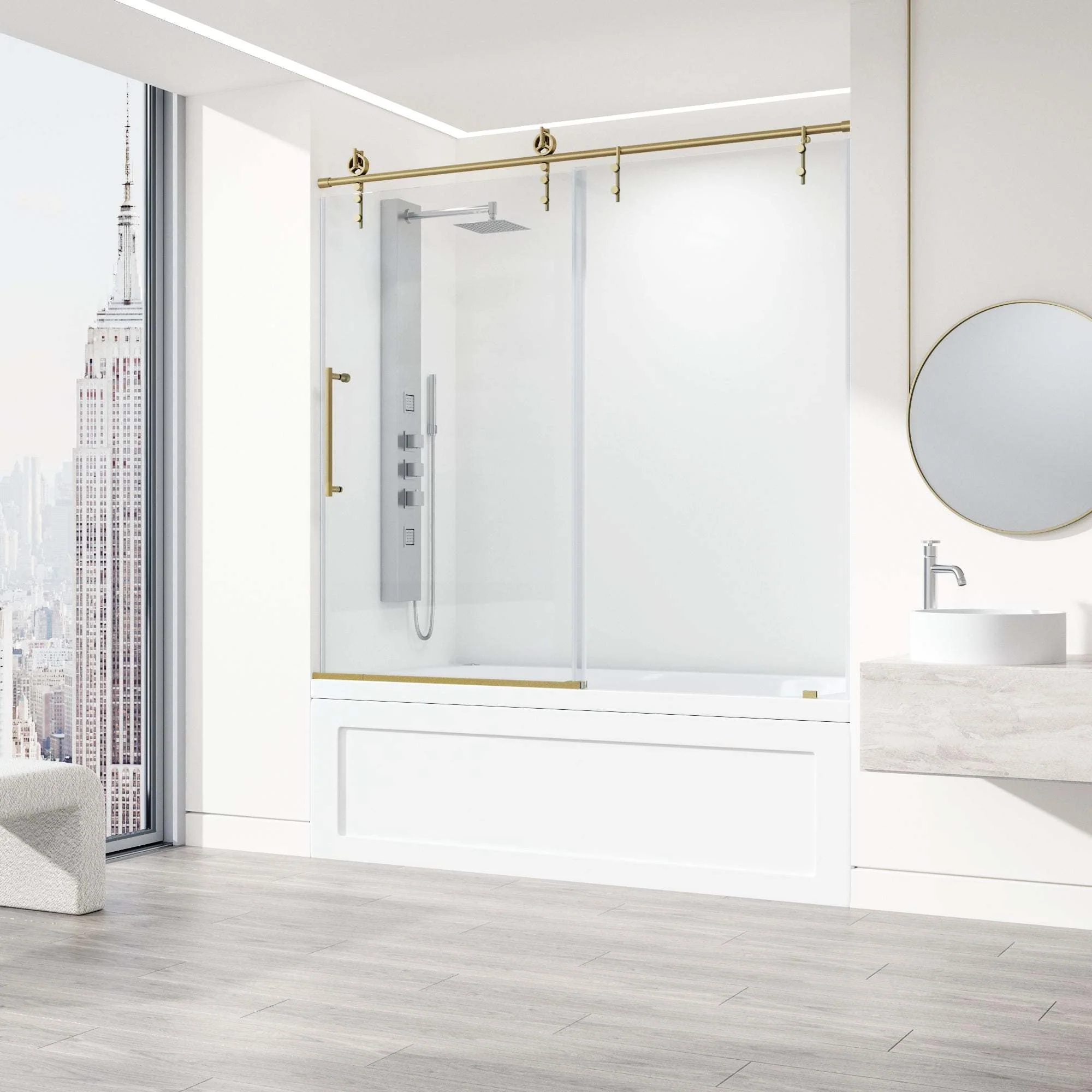 Hamilton Aerodynamic Frameless Sliding Bath Tub Door 56-60 in. Wide and 68 in. High – Matte Brushed Gold with Clear Tempered Glass - Image 31