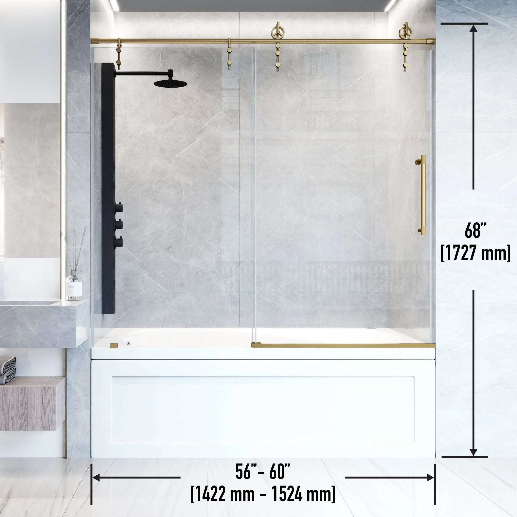 Hamilton Aerodynamic Frameless Sliding Bath Tub Door 56-60 in. Wide and 68 in. High – Matte Brushed Gold with Clear Tempered Glass - Image 32