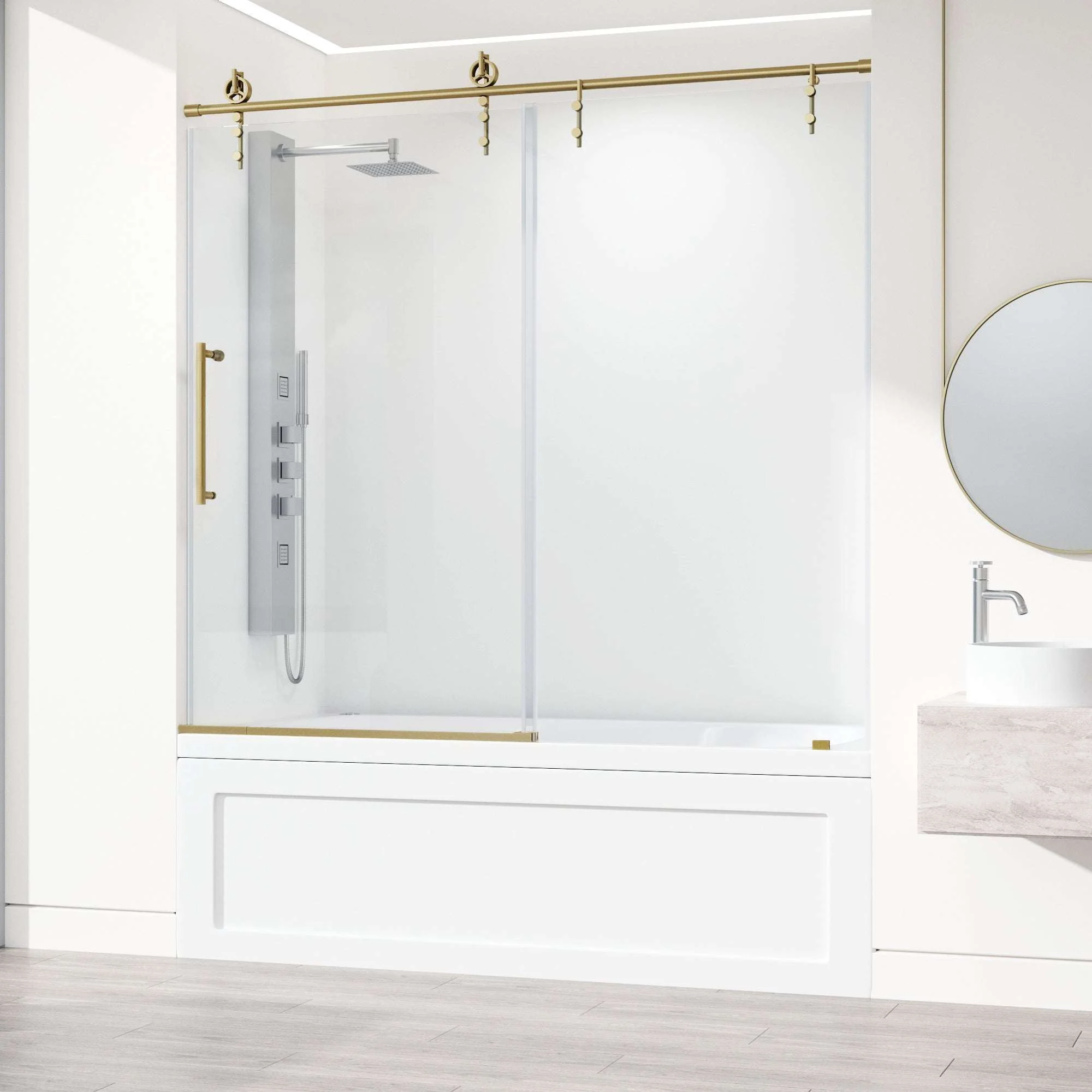 Hamilton Aerodynamic Frameless Sliding Bath Tub Door 56-60 in. Wide and 68 in. High – Matte Brushed Gold with Clear Tempered Glass - Image 34