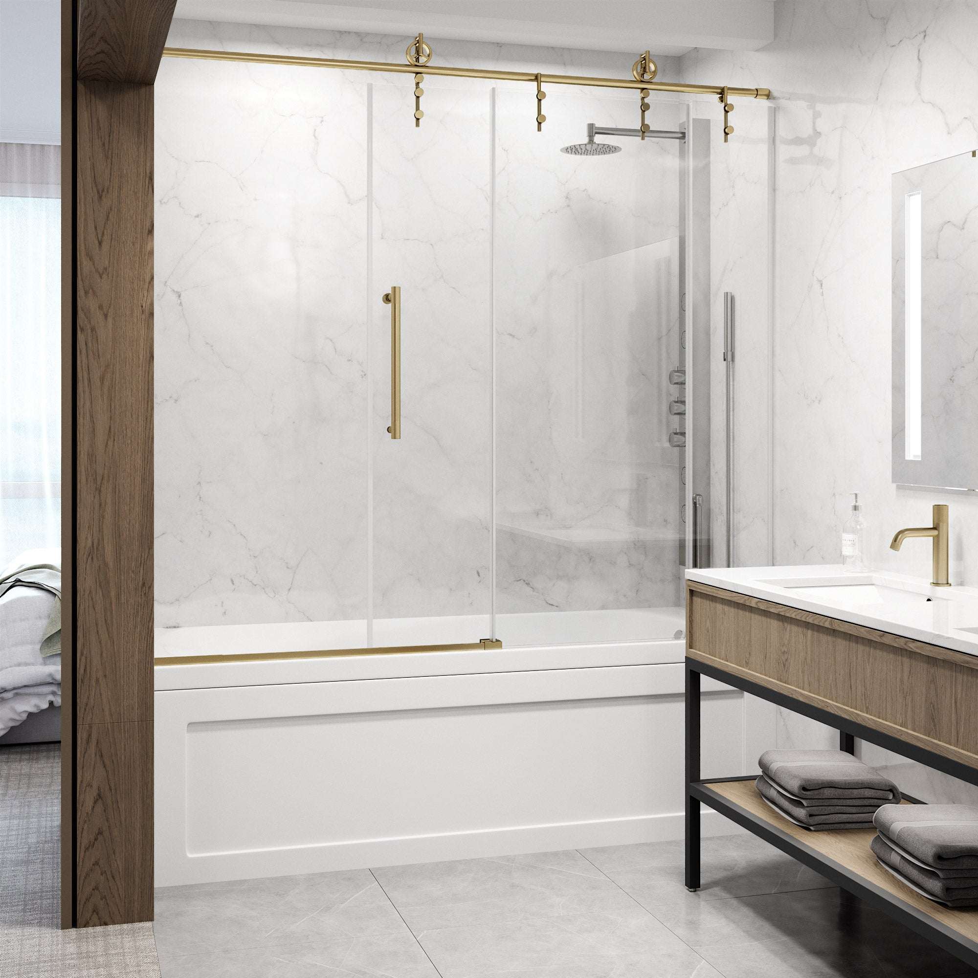 Hamilton Aerodynamic Frameless Sliding Bath Tub Door 56-60 in. Wide and 68 in. High – Matte Brushed Gold with Clear Tempered Glass - Image 35