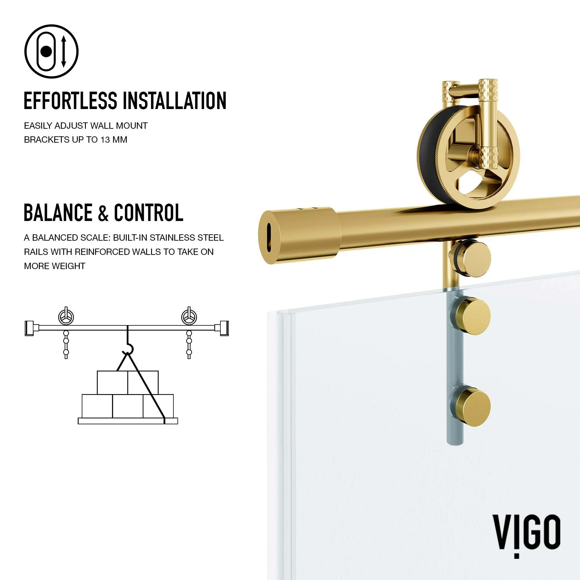 Hamilton Aerodynamic Frameless Sliding Bath Tub Door 56-60 in. Wide and 68 in. High – Matte Brushed Gold with Clear Tempered Glass - Image 37