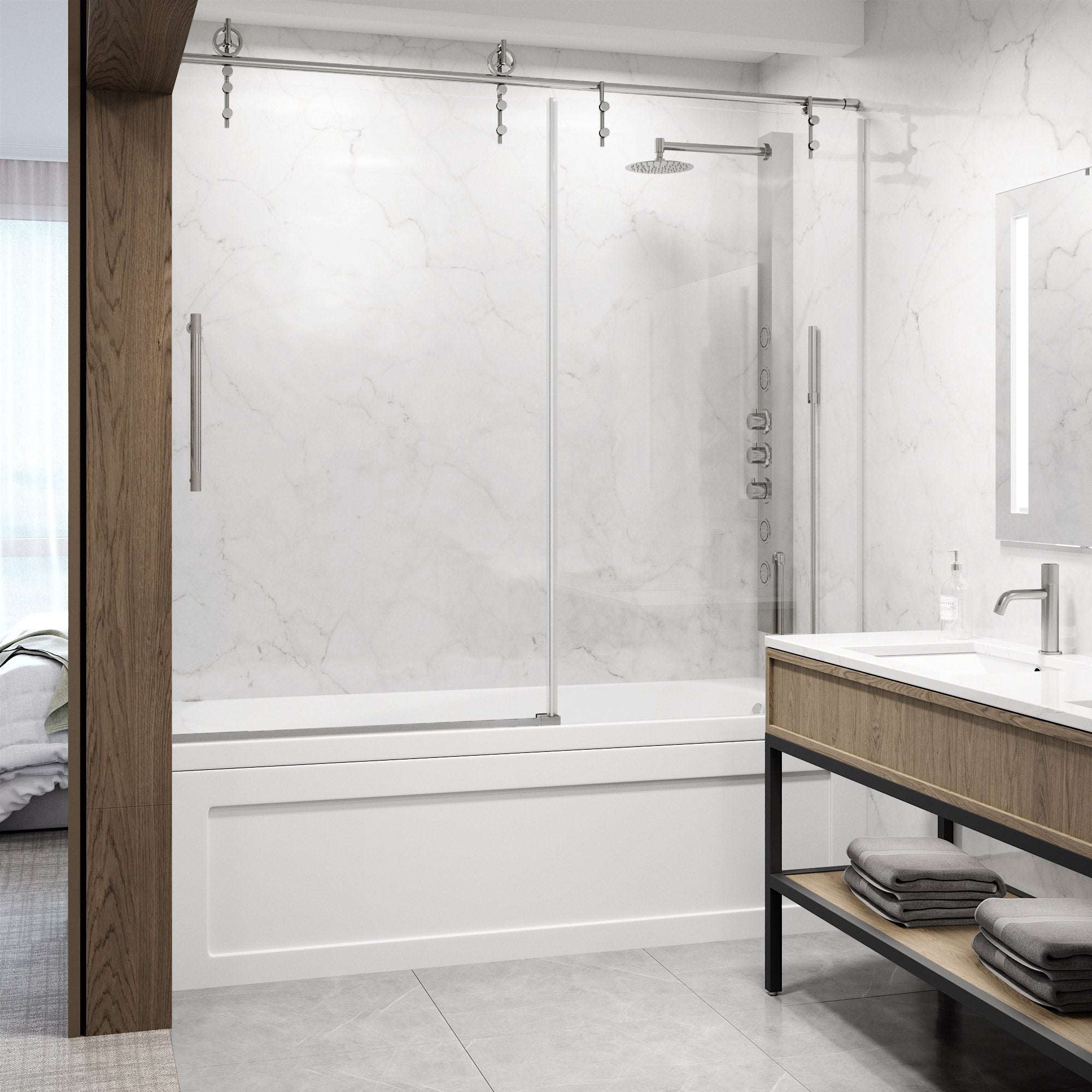 Hamilton Aerodynamic Frameless Sliding Bath Tub Door 56-60 in. Wide and 68 in. High – Matte Brushed Gold with Clear Tempered Glass - Image 39