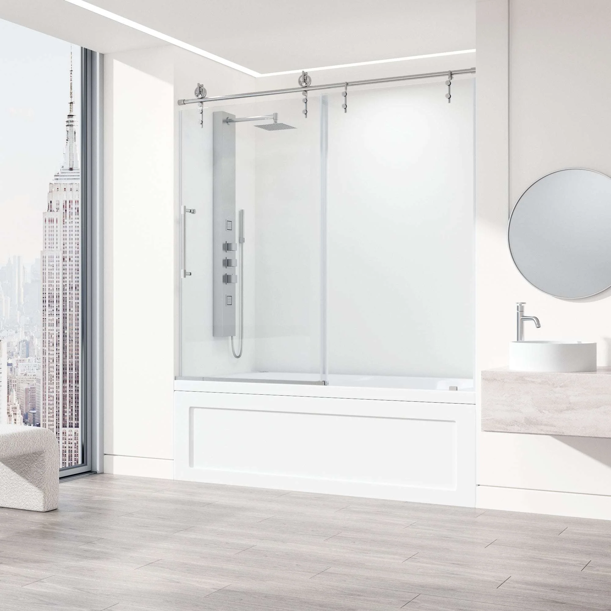 Hamilton Aerodynamic Frameless Sliding Bath Tub Door 56-60 in. Wide and 68 in. High – Matte Brushed Gold with Clear Tempered Glass - Image 42