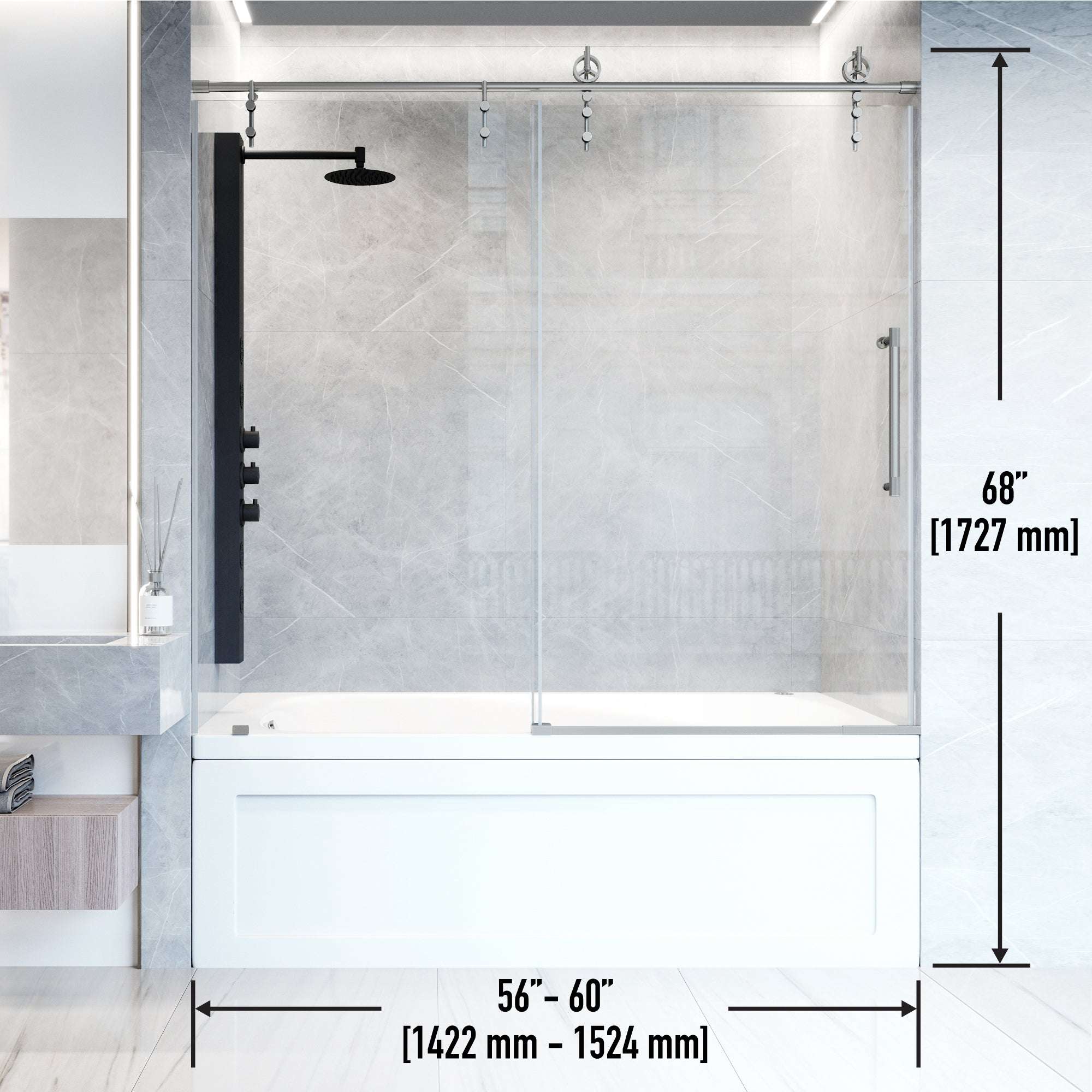 Hamilton Aerodynamic Frameless Sliding Bath Tub Door 56-60 in. Wide and 68 in. High – Matte Brushed Gold with Clear Tempered Glass - Image 43
