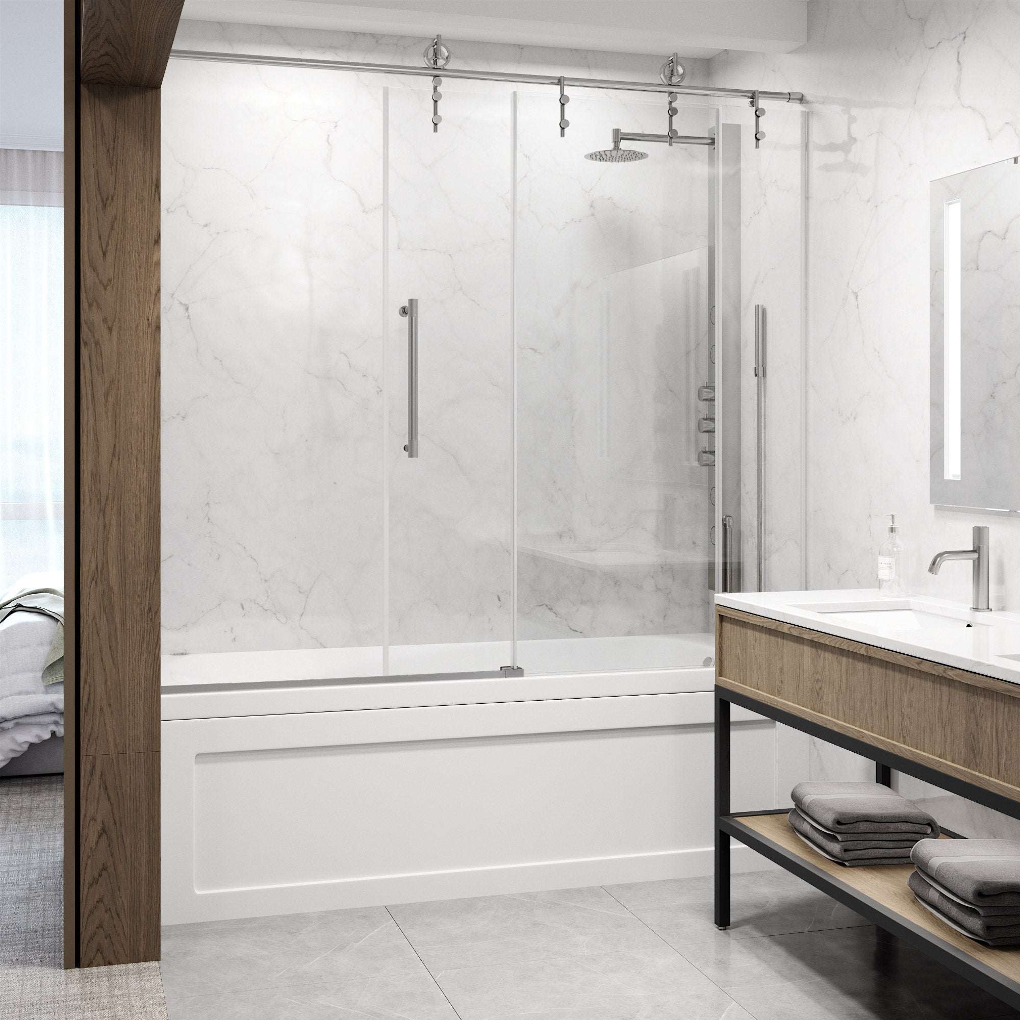 Hamilton Aerodynamic Frameless Sliding Bath Tub Door 56-60 in. Wide and 68 in. High – Matte Brushed Gold with Clear Tempered Glass - Image 46