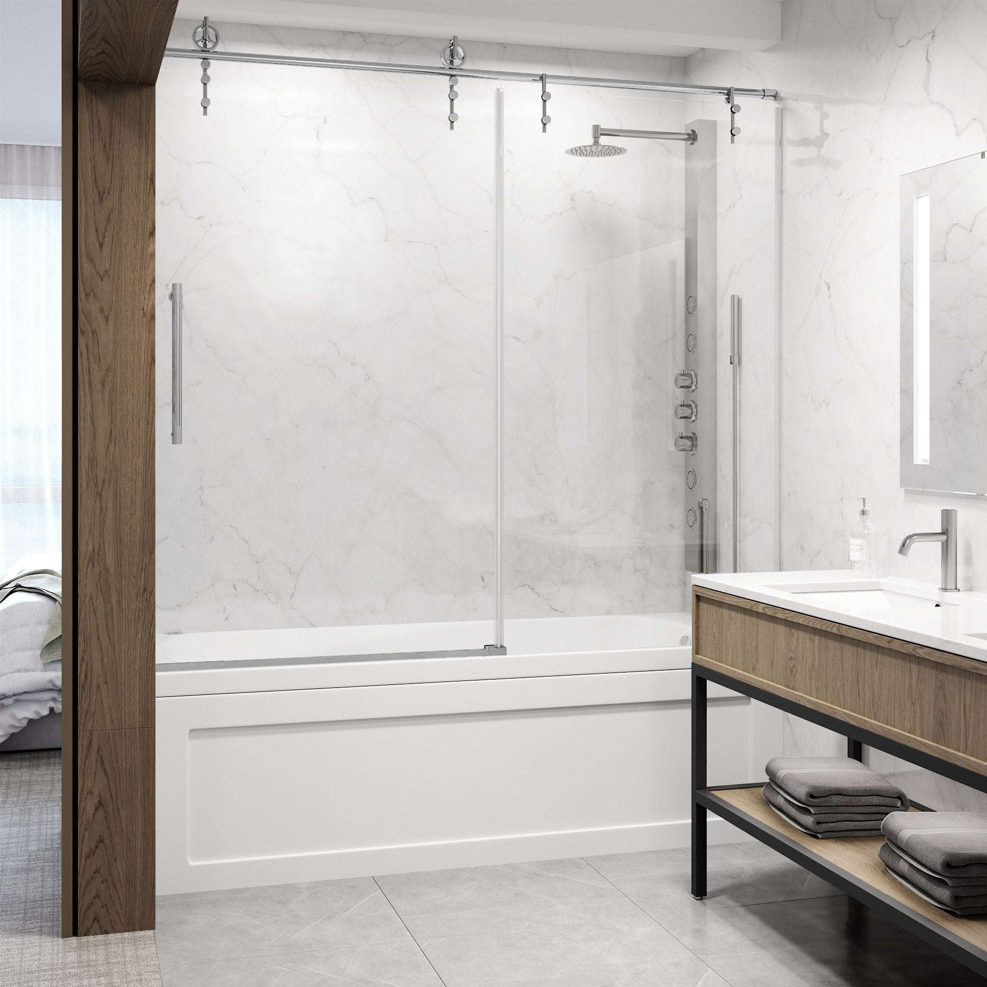 Hamilton Aerodynamic Frameless Sliding Bath Tub Door 56-60 in. Wide and 68 in. High – Matte Brushed Gold with Clear Tempered Glass - Image 5