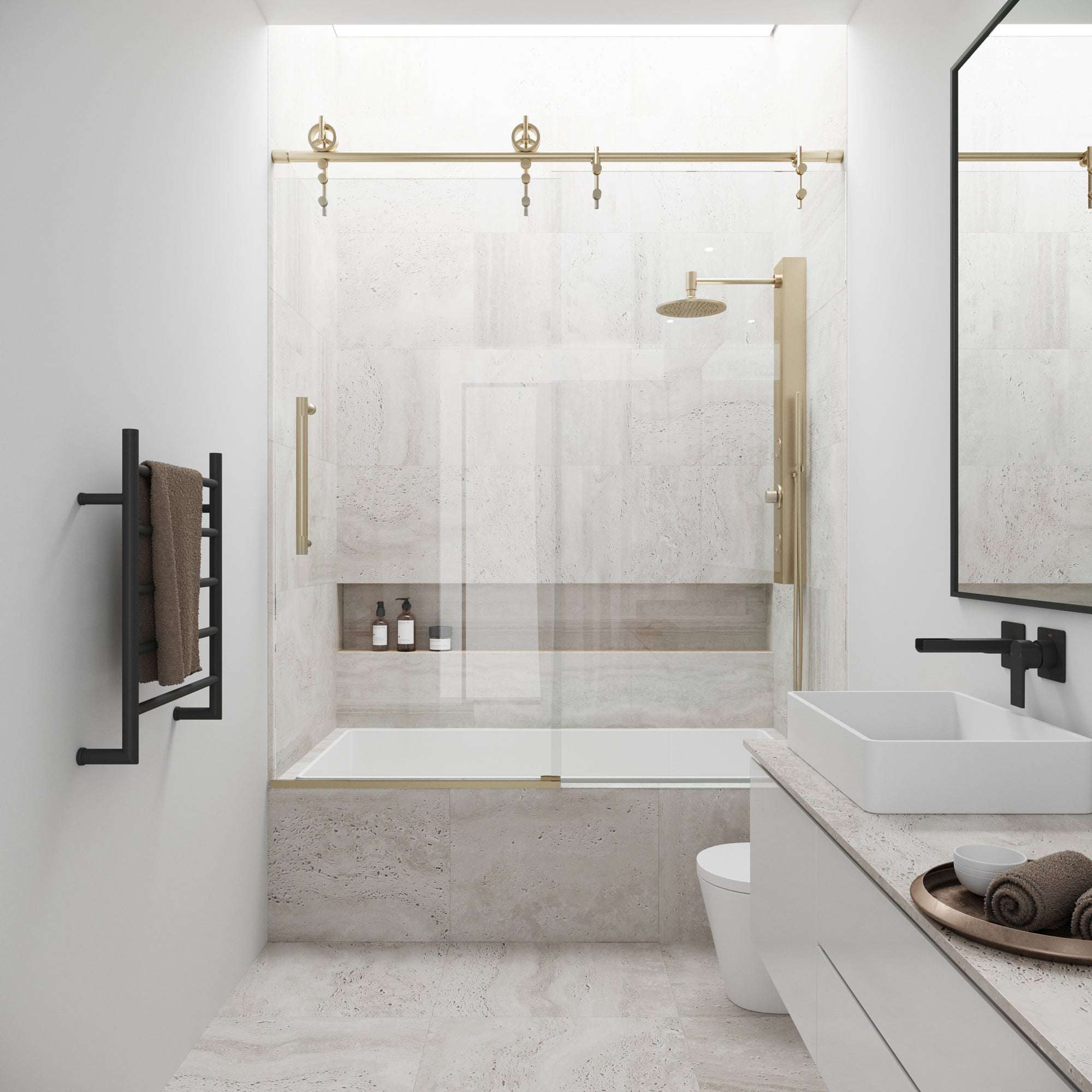 Hamilton Aerodynamic Frameless Sliding Bath Tub Door 56-60 in. Wide and 68 in. High – Matte Brushed Gold with Clear Tempered Glass - Image 6
