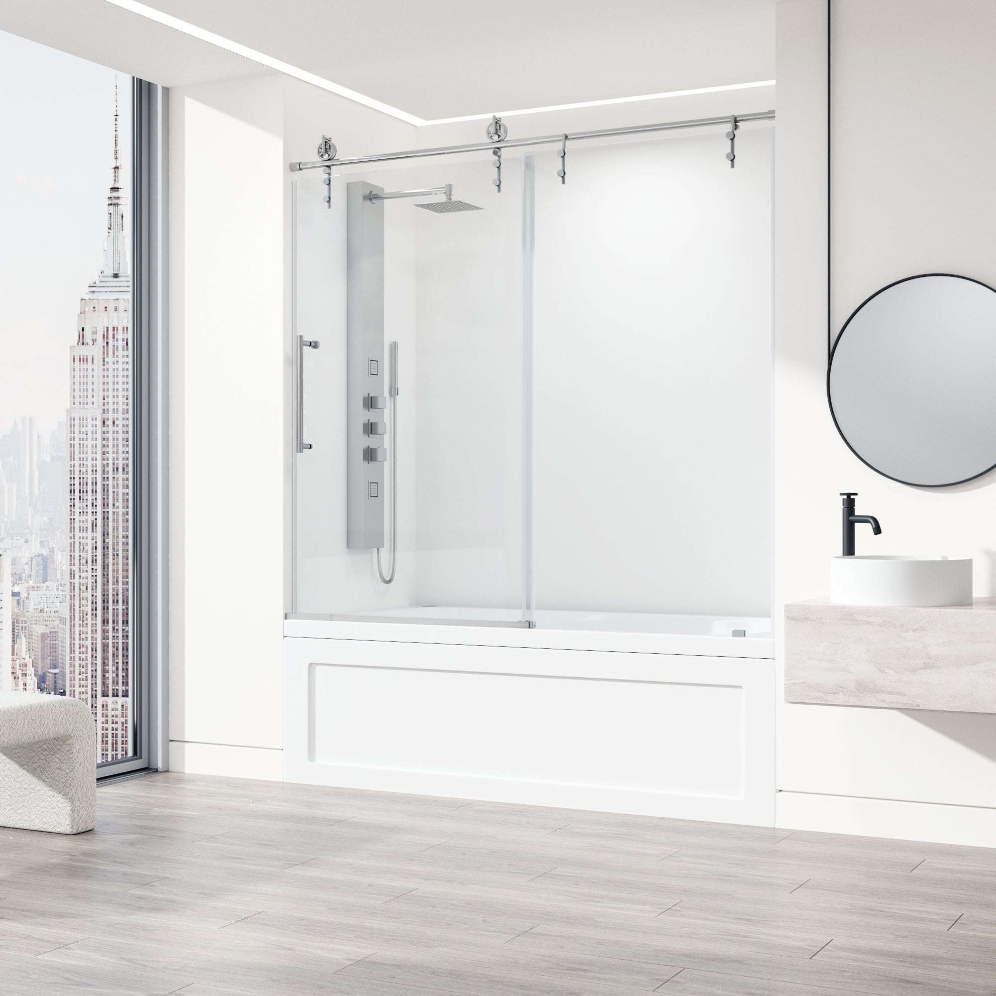 Hamilton Aerodynamic Frameless Sliding Bath Tub Door 56-60 in. Wide and 68 in. High – Matte Brushed Gold with Clear Tempered Glass - Image 9