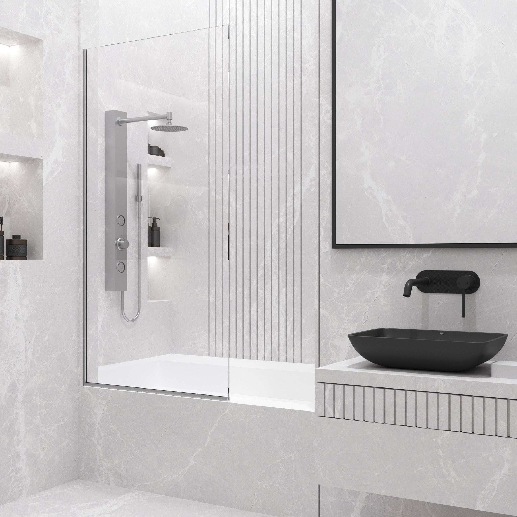 VIGO Meridian Zenith 34 x 62 in. Semi-Framed Fixed Tub Screen with Clear/Fluted Tempered Glass - Image 11