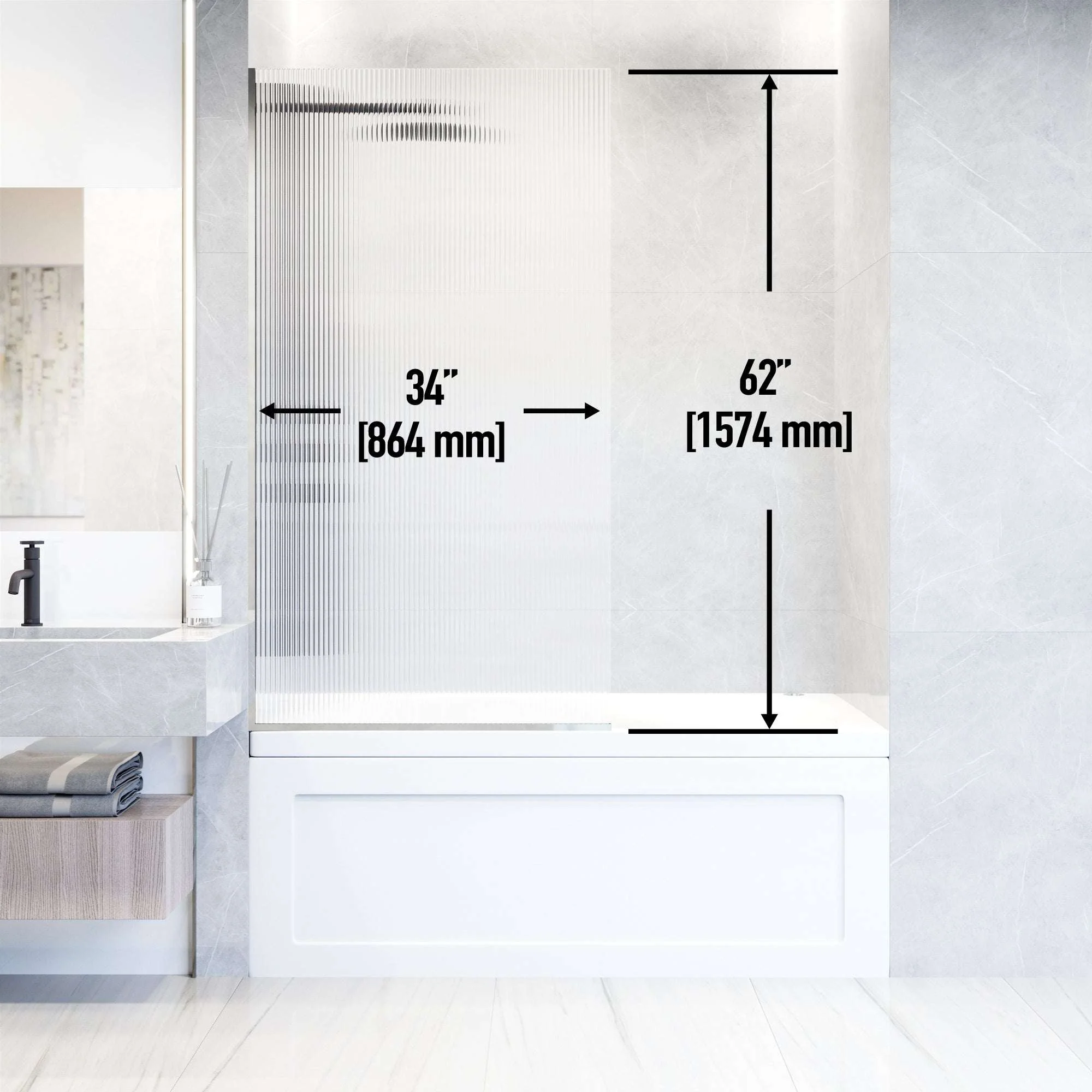 VIGO Meridian Zenith 34 x 62 in. Semi-Framed Fixed Tub Screen with Clear/Fluted Tempered Glass - Image 14