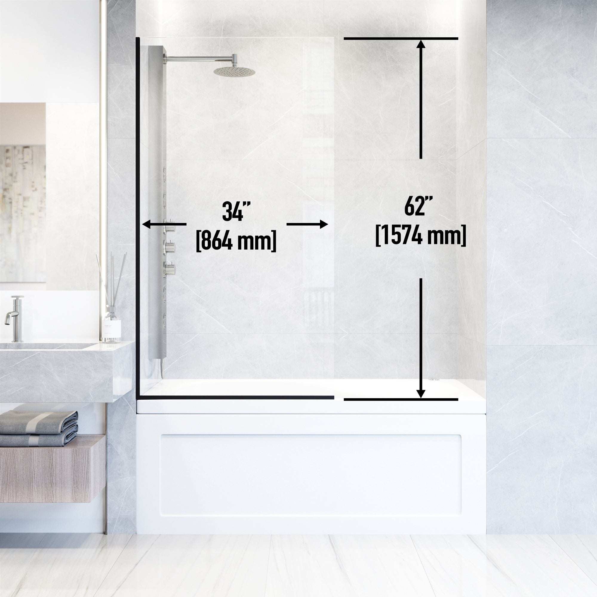 VIGO Meridian Zenith 34 x 62 in. Semi-Framed Fixed Tub Screen with Clear/Fluted Tempered Glass - Image 23