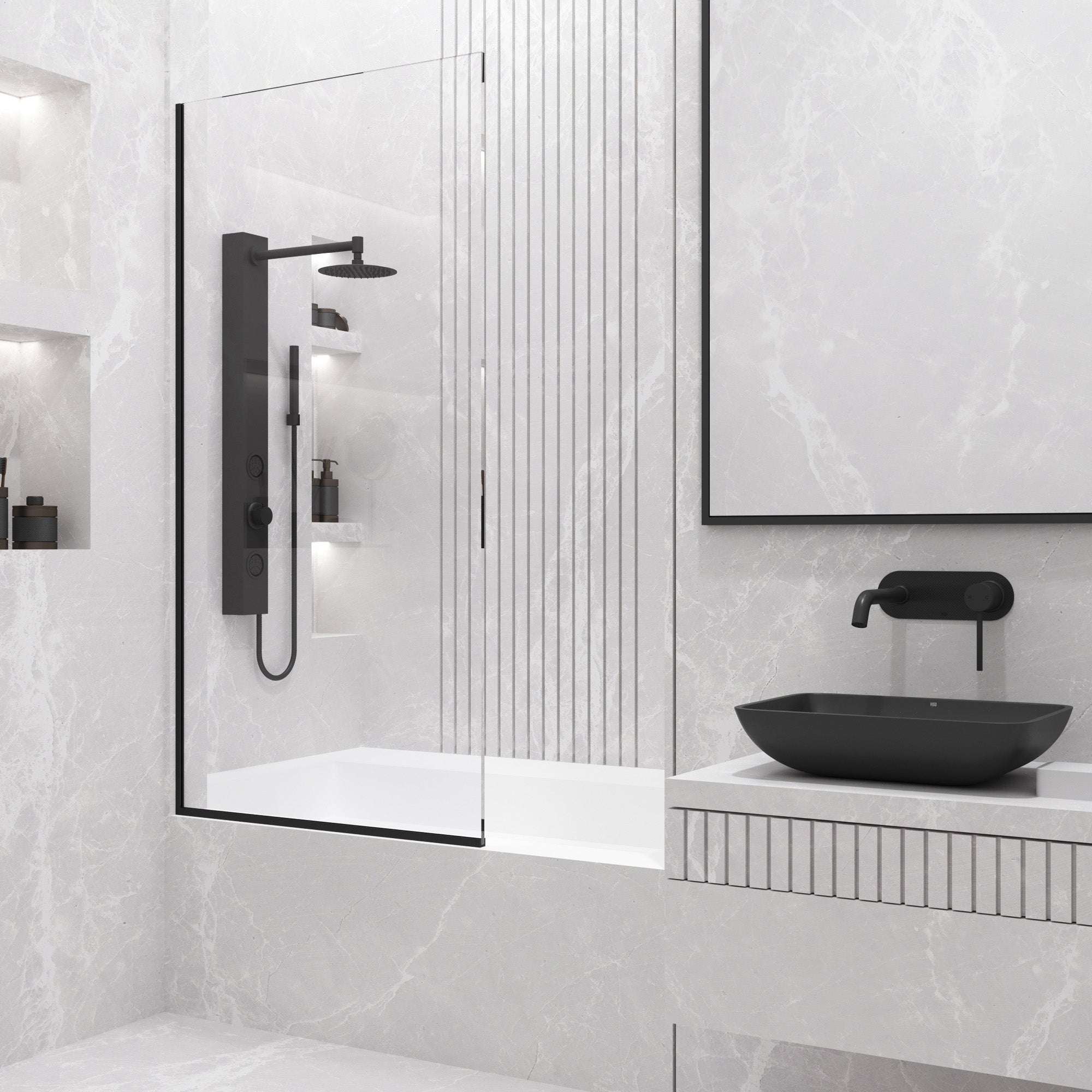 VIGO Meridian Zenith 34 x 62 in. Semi-Framed Fixed Tub Screen with Clear/Fluted Tempered Glass - Image 30