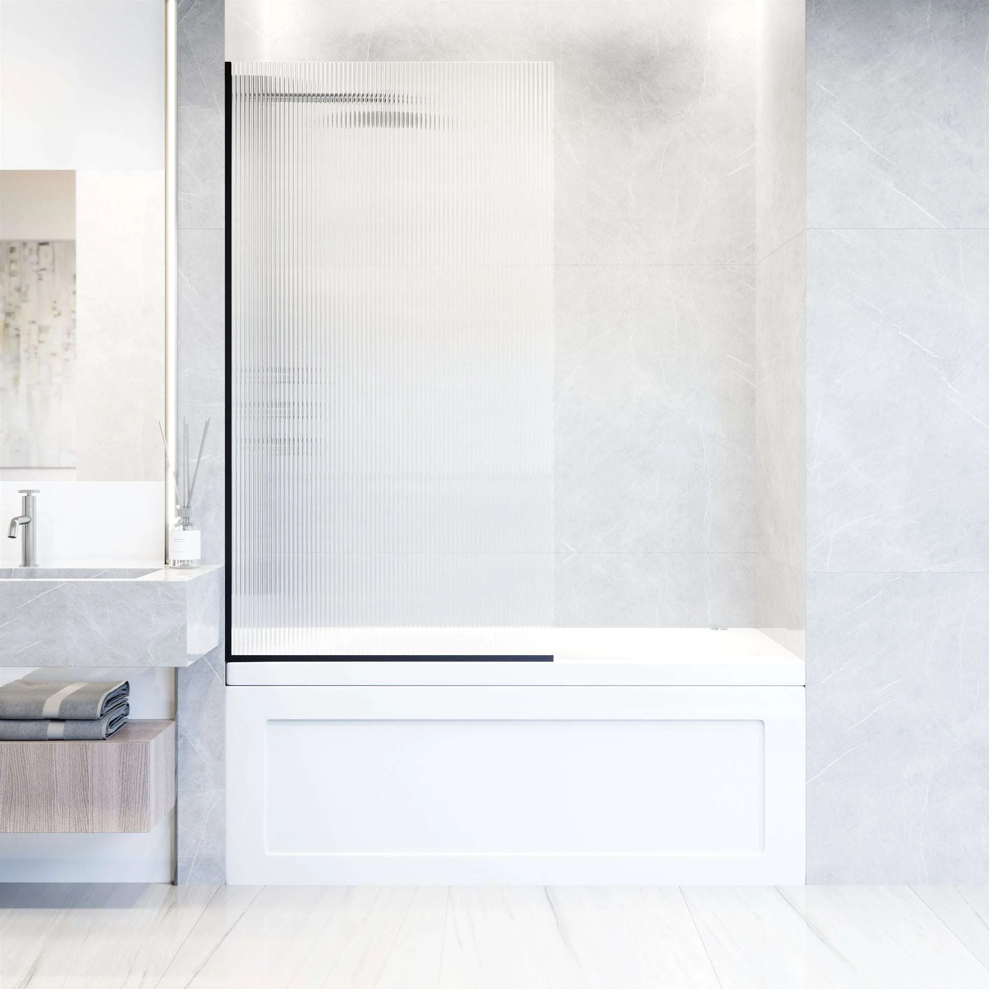 VIGO Meridian Zenith 34 x 62 in. Semi-Framed Fixed Tub Screen with Clear/Fluted Tempered Glass - Image 31