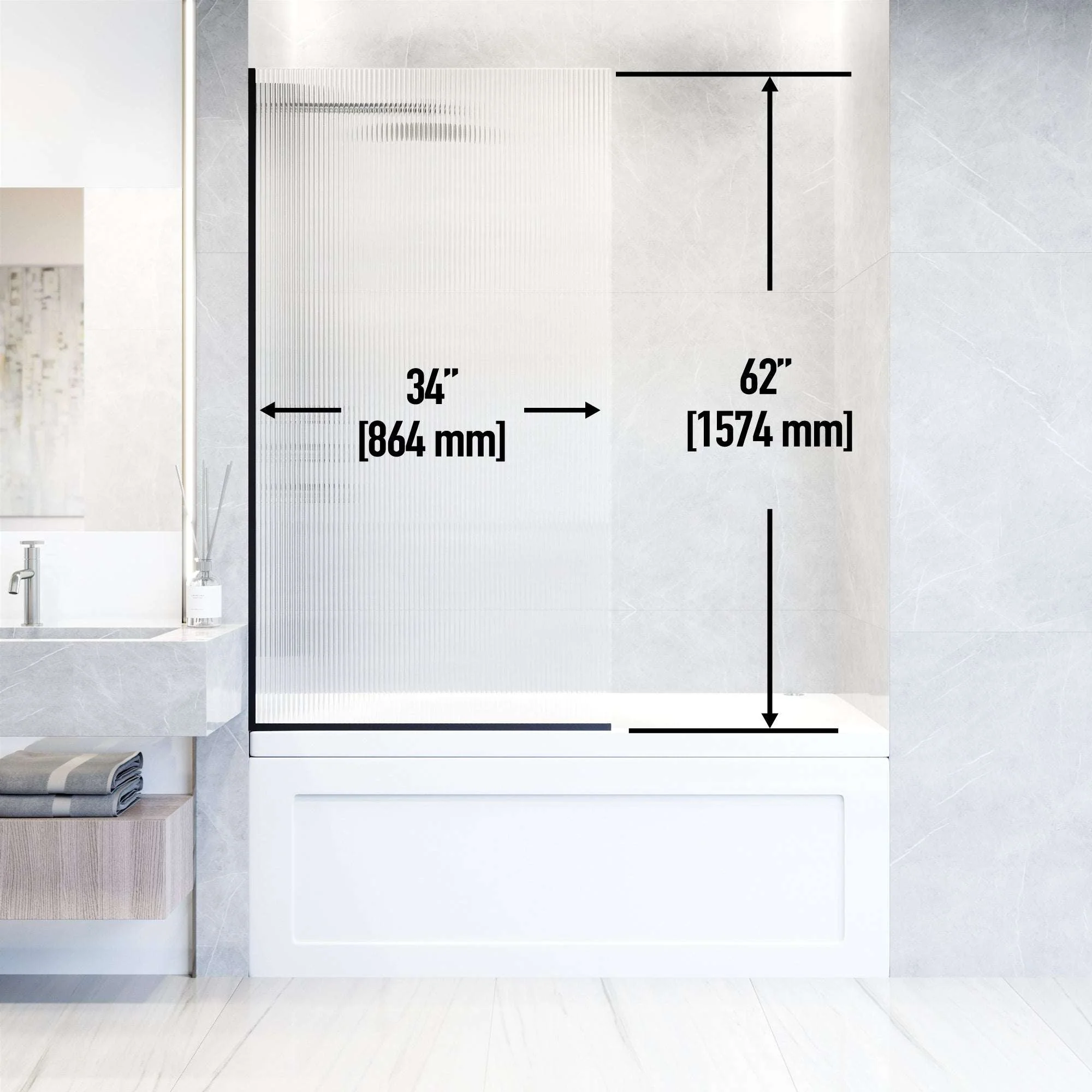 VIGO Meridian Zenith 34 x 62 in. Semi-Framed Fixed Tub Screen with Clear/Fluted Tempered Glass - Image 33