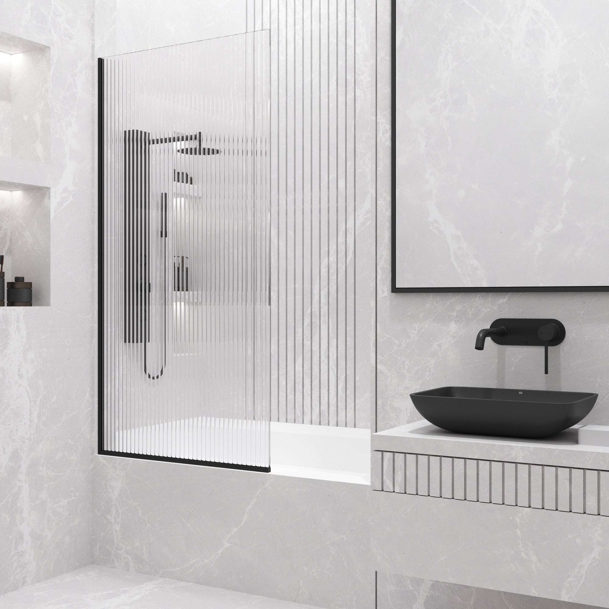 VIGO Meridian Zenith 34 x 62 in. Semi-Framed Fixed Tub Screen with Clear/Fluted Tempered Glass - Image 39