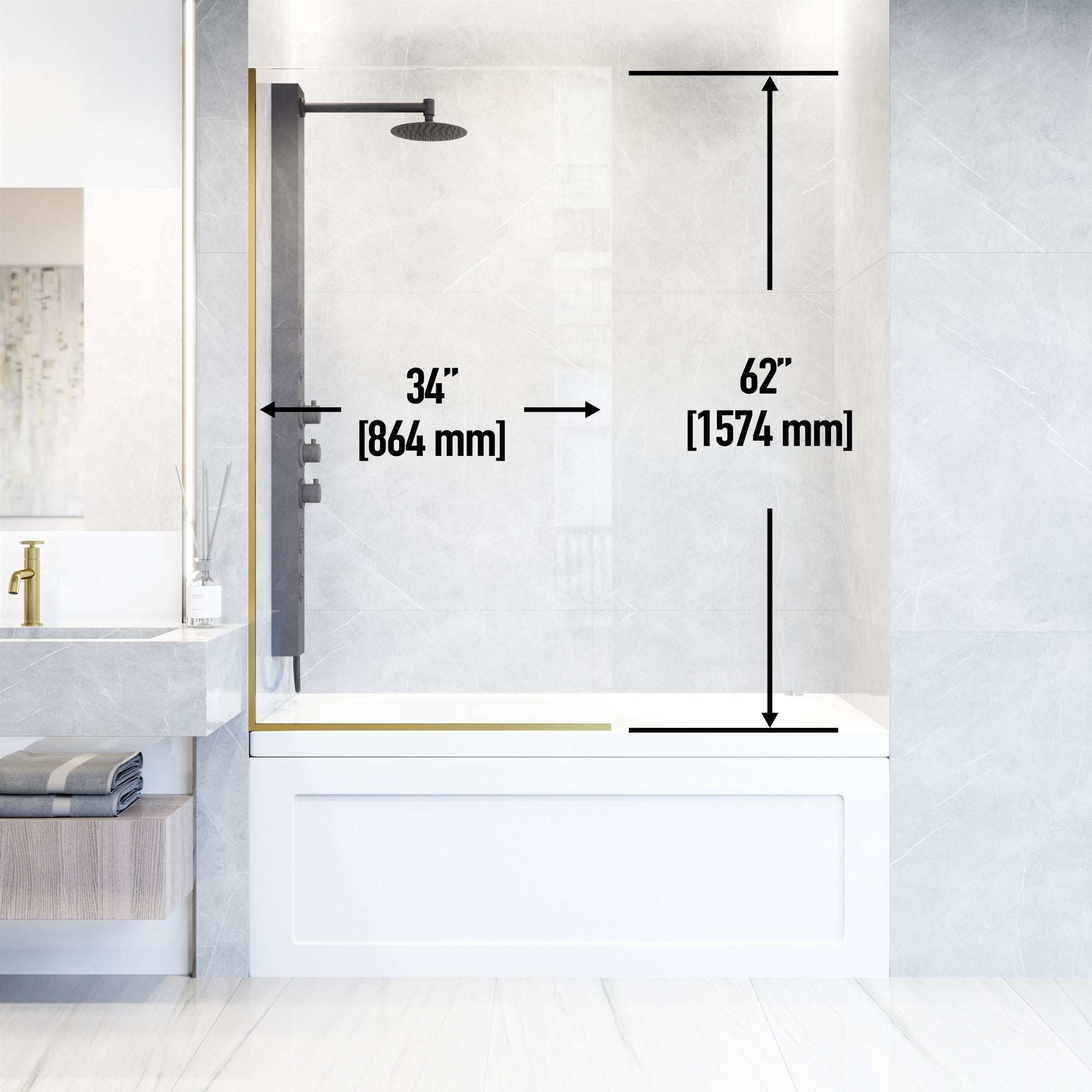 VIGO Meridian Zenith 34 x 62 in. Semi-Framed Fixed Tub Screen with Clear/Fluted Tempered Glass - Image 42