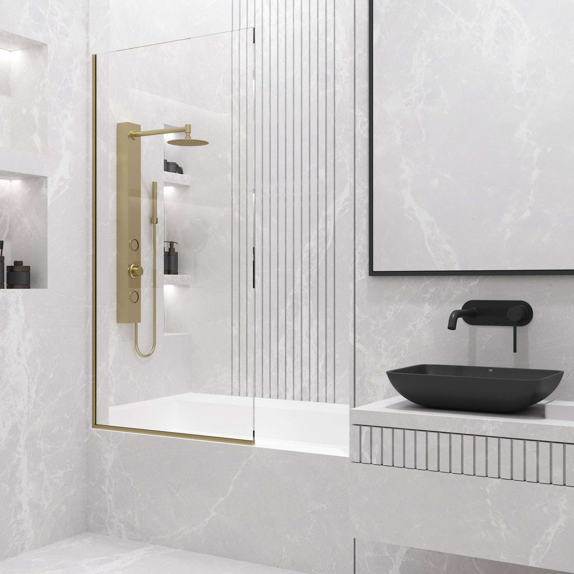 VIGO Meridian Zenith 34 x 62 in. Semi-Framed Fixed Tub Screen with Clear/Fluted Tempered Glass - Image 49