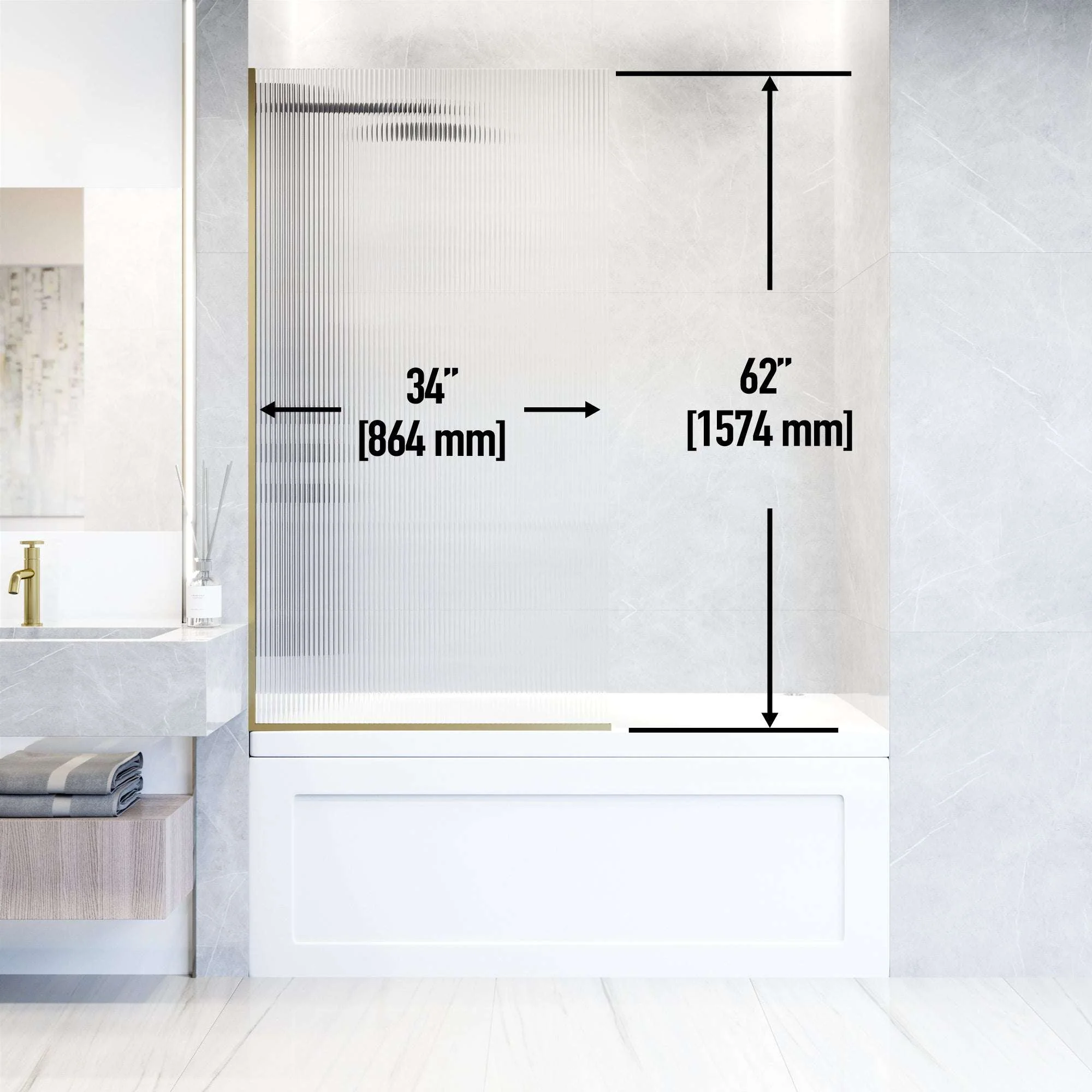 VIGO Meridian Zenith 34 x 62 in. Semi-Framed Fixed Tub Screen with Clear/Fluted Tempered Glass - Image 52