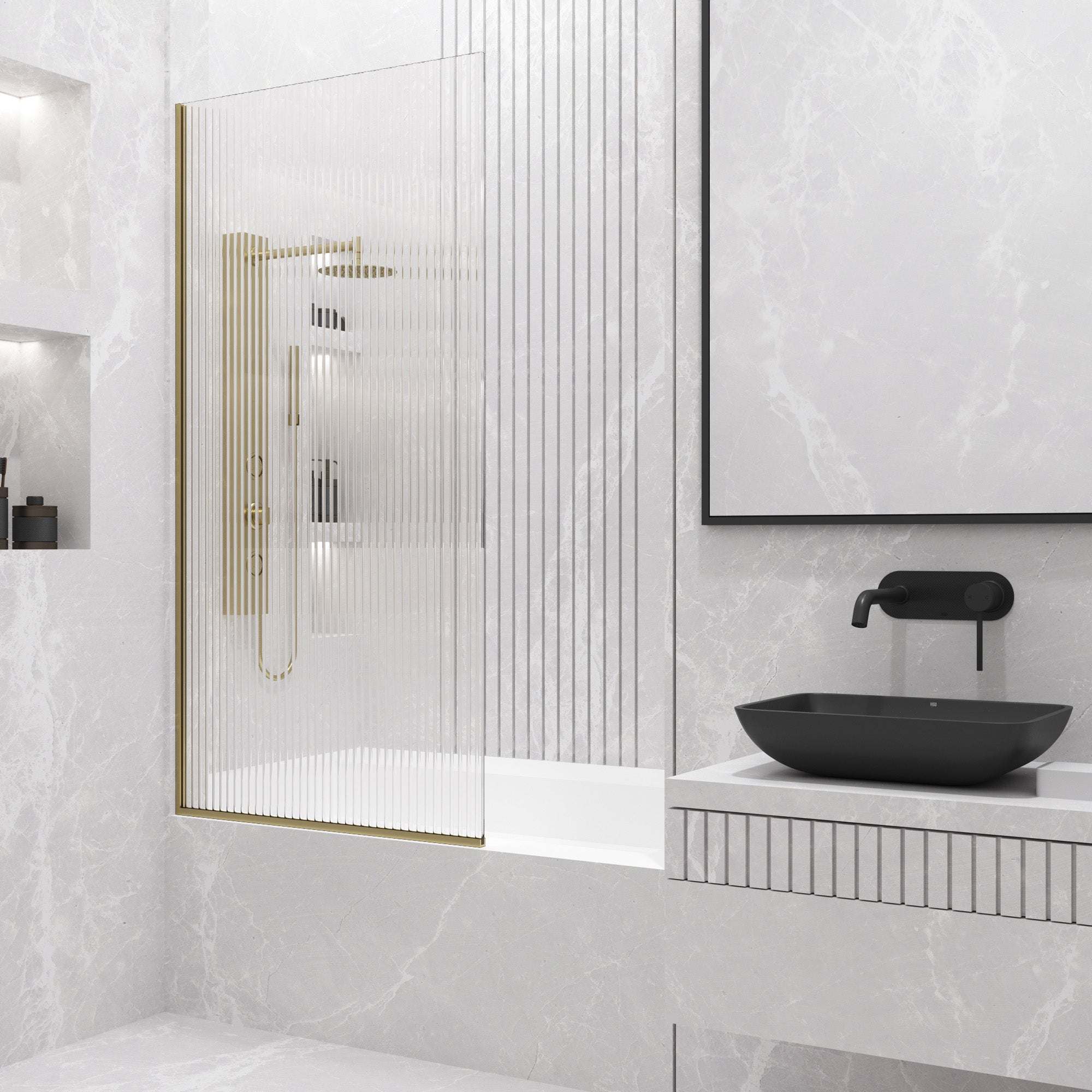 VIGO Meridian Zenith 34 x 62 in. Semi-Framed Fixed Tub Screen with Clear/Fluted Tempered Glass - Image 58