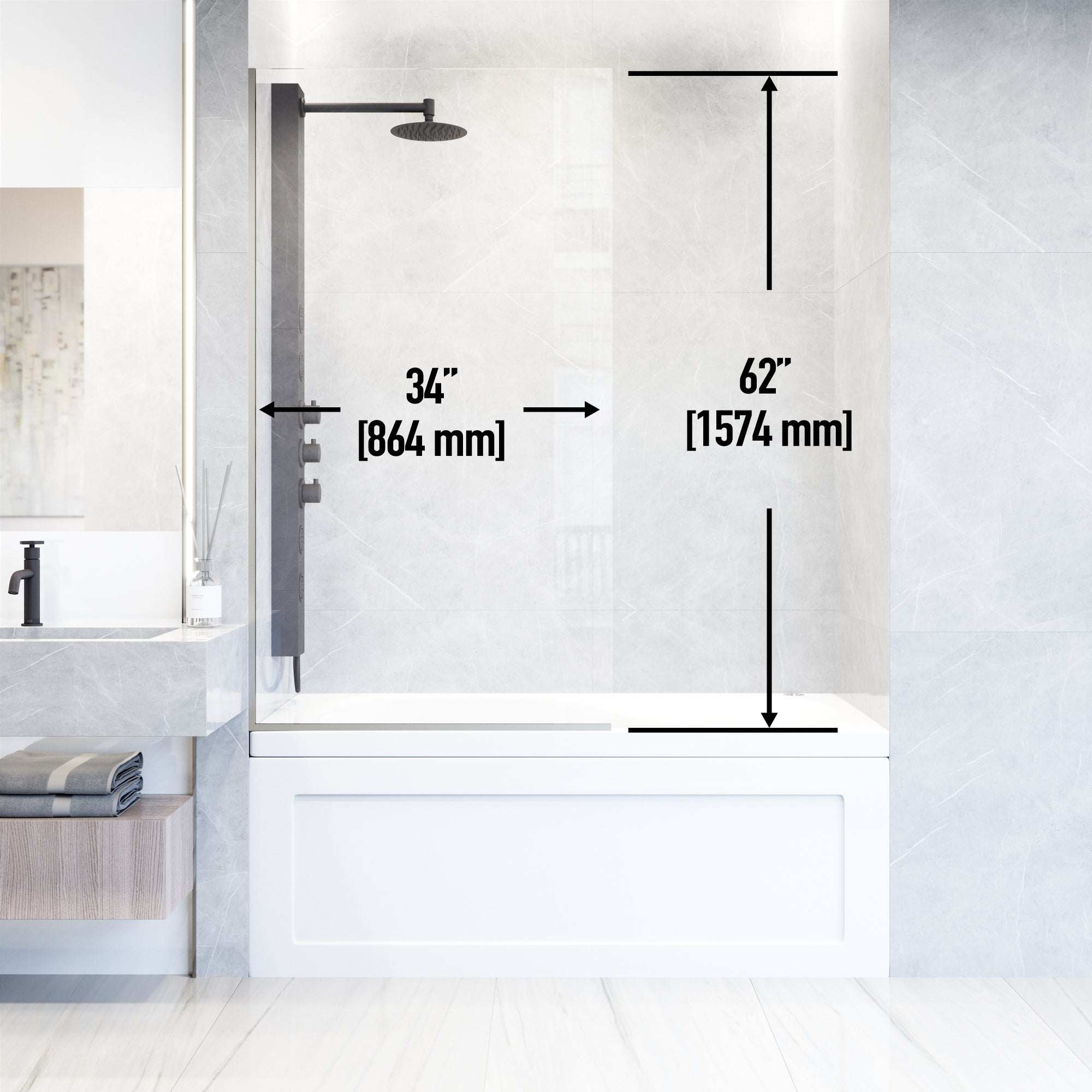 VIGO Meridian Zenith 34 x 62 in. Semi-Framed Fixed Tub Screen with Clear/Fluted Tempered Glass - Image 61